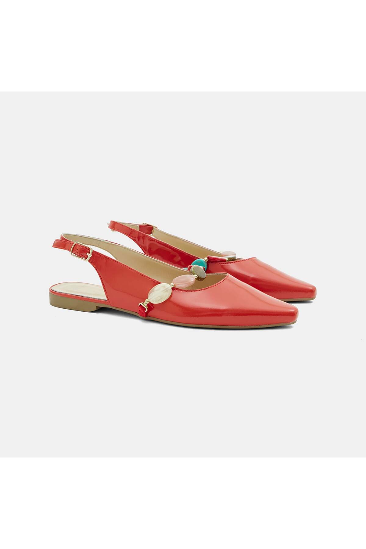 Women's Red Stone Accessory Pointed Nose Spring Flat