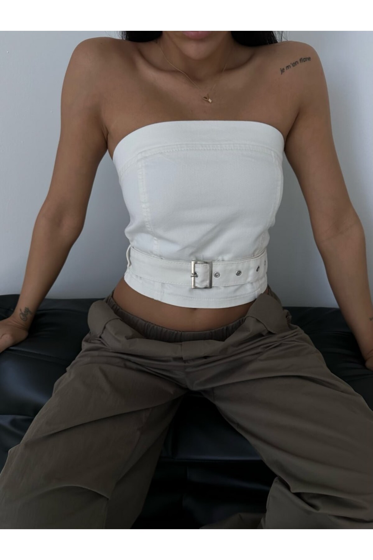 HerTon  Kadın Kemerli Jean Bustiyer - Arkadan Fermuarlı Denim Korse Top - Görsel 3