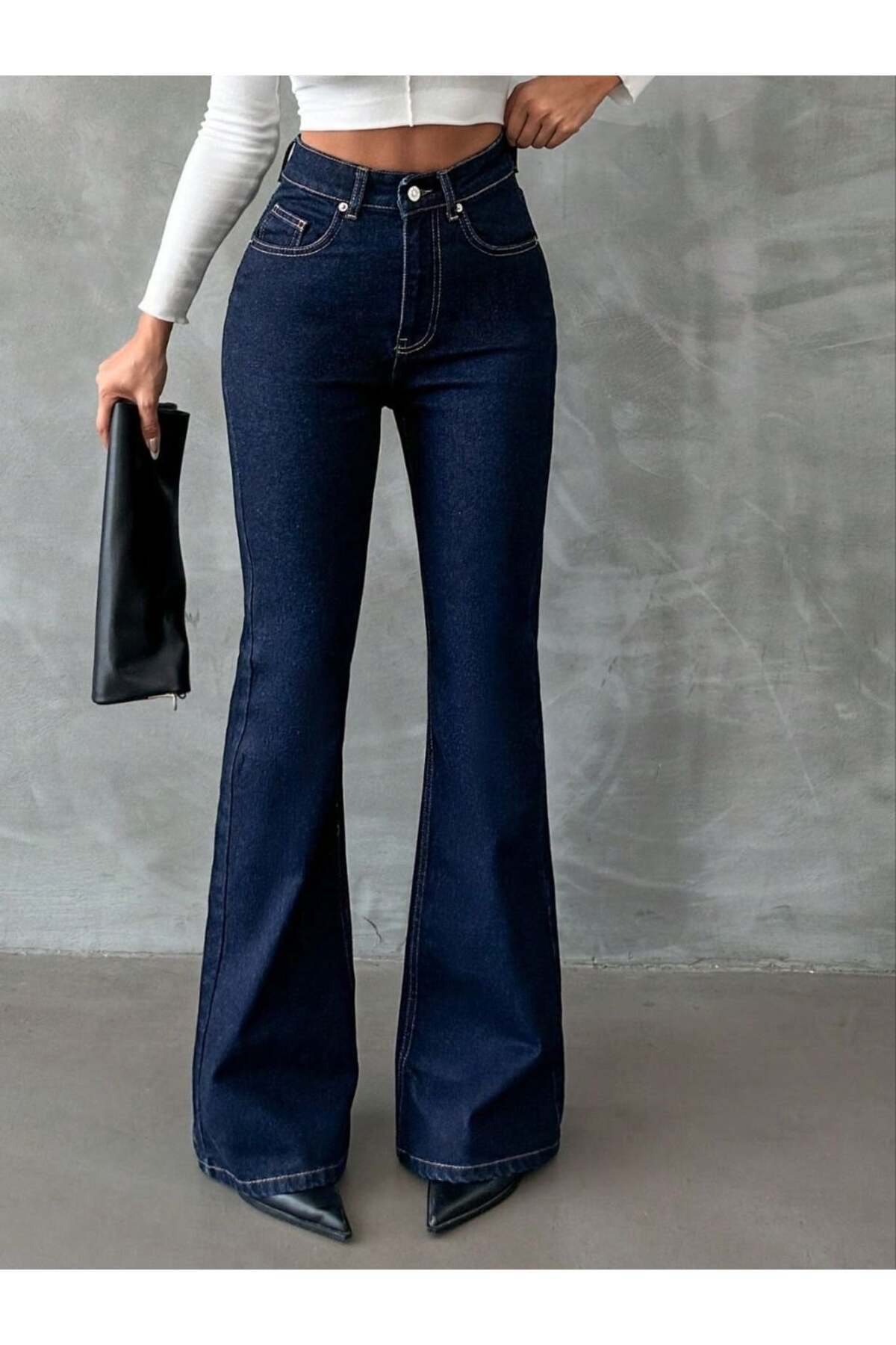 High Waist Spandex Leg Jean Trousers - Full Cotton Flare Denim with Antiquated Detail