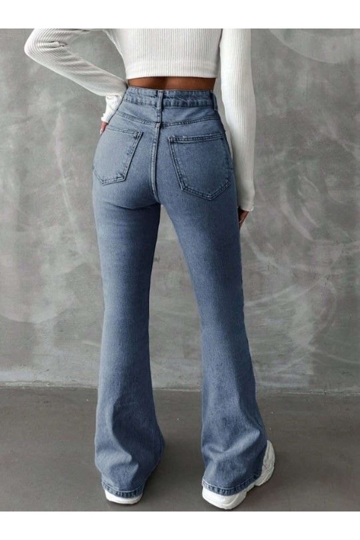 HerTon  Yüksek Bel İspanyol Paça Jean Pantolon - Eskitme Detaylı Full Pamuklu Flare Denim - Görsel 3