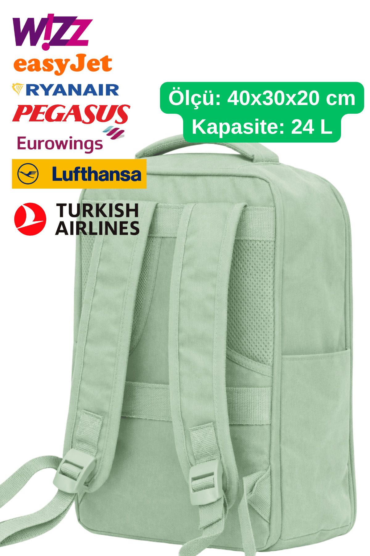 Jet Turtle  Seyahat Sırt Çantası 40cm 40x30x20 cm Pegasus, Wizz Air, Ryanair, El Valizi Koltuk Altı Valizi - Görsel 6