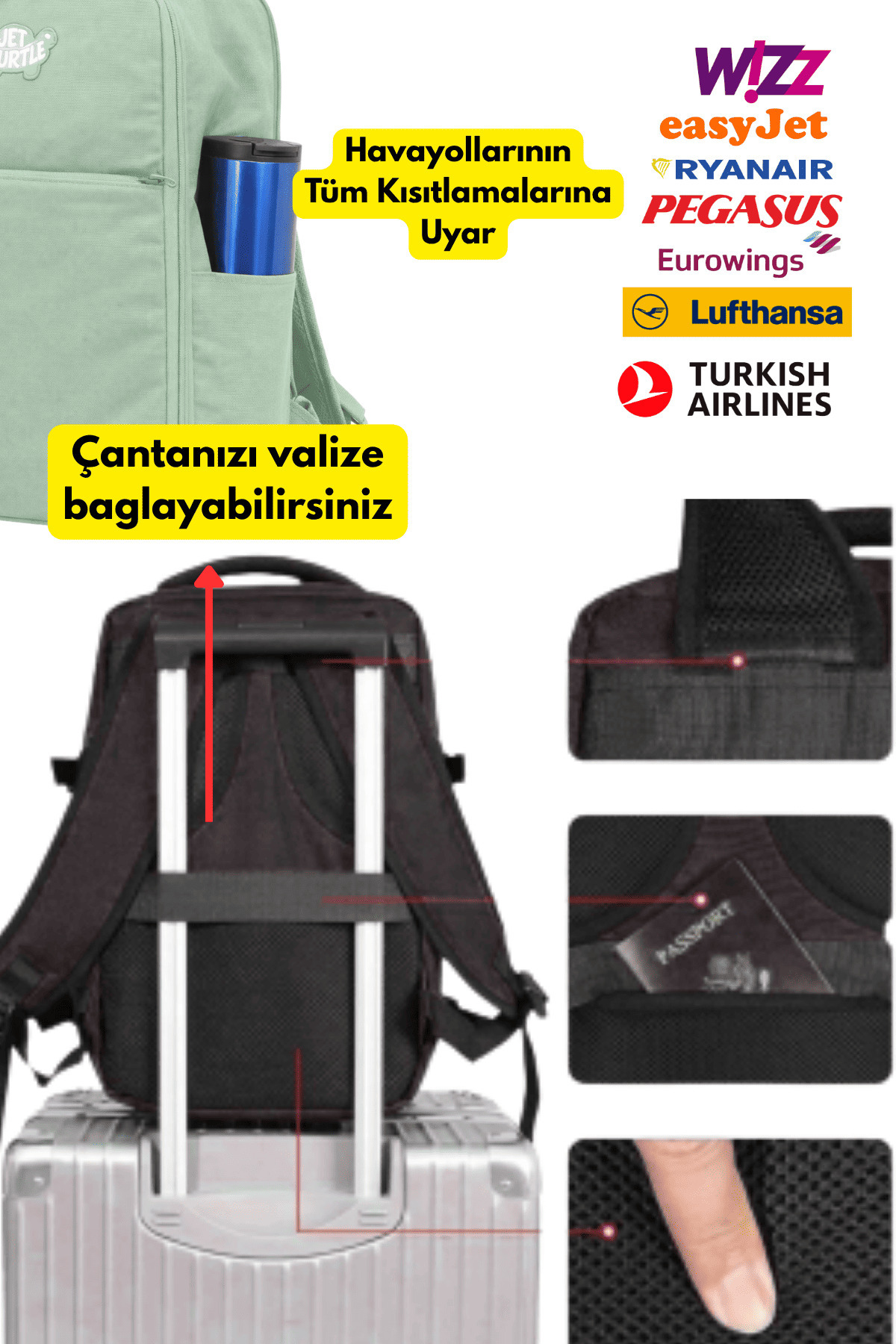 Jet Turtle  Seyahat Sırt Çantası 40cm 40x30x20 cm Pegasus, Wizz Air, Ryanair, El Valizi Koltuk Altı Valizi - Görsel 8