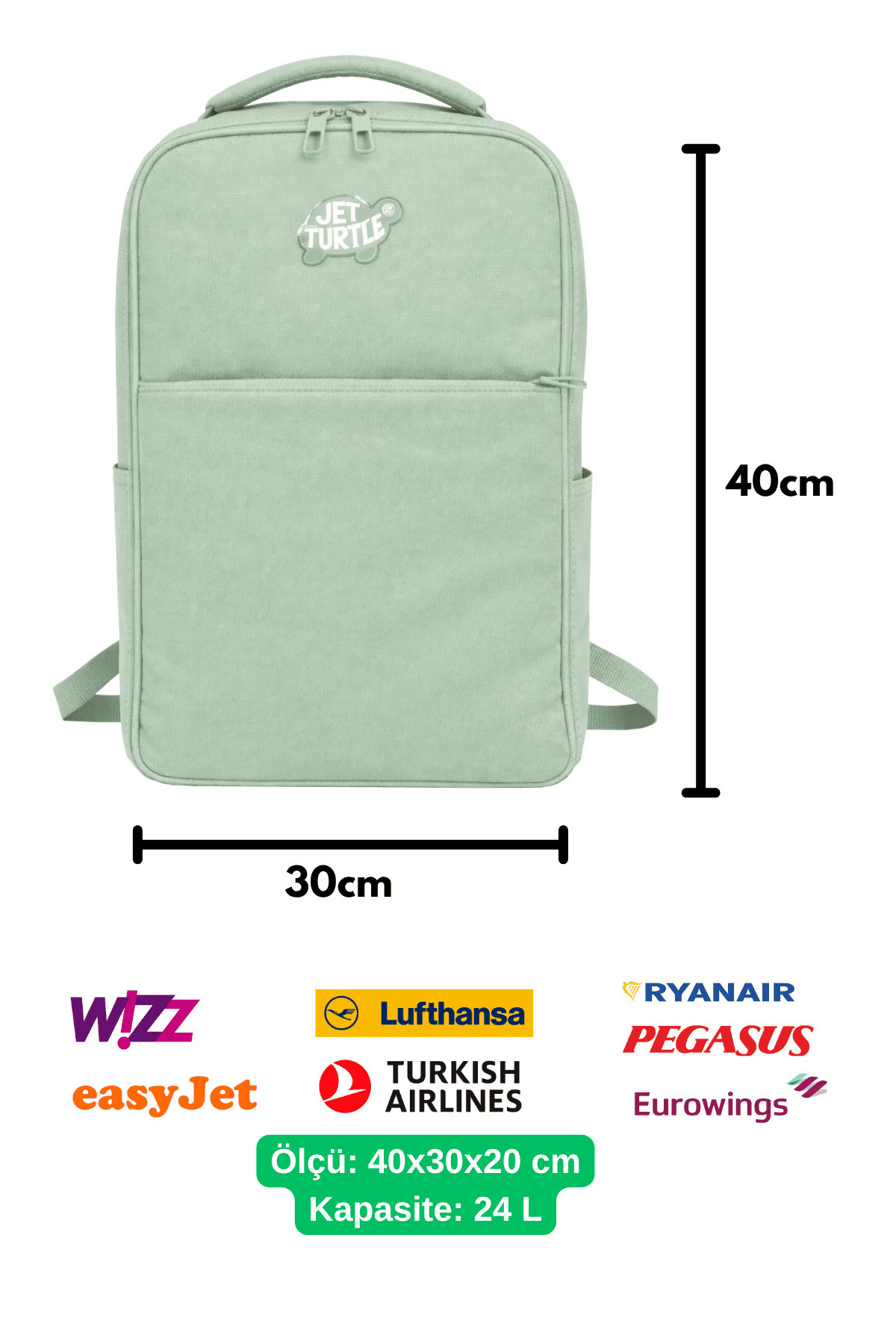 Jet Turtle  Seyahat Sırt Çantası 40cm 40x30x20 cm Pegasus, Wizz Air, Ryanair, El Valizi Koltuk Altı Valizi - Görsel 2