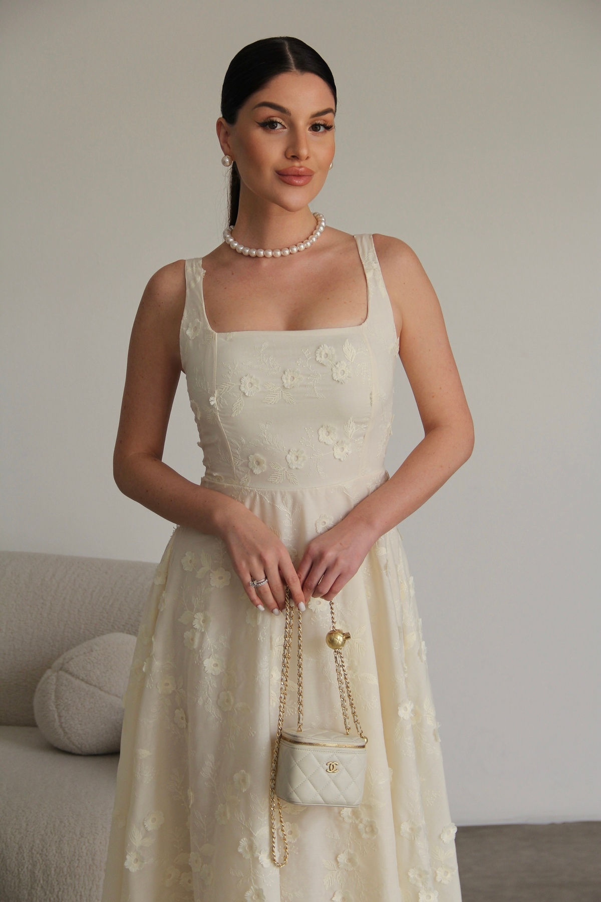 Premium Design Linen Dress with Cream Embroidery and 3D Floral Pattern Strap