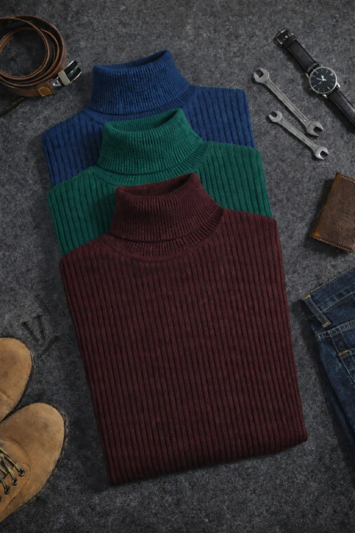 Trendy Mall 3lü Bordo Beyaz İndigo Boğazlı Kazak Mevsimlik Kurtarıcı Parça Pamuklu Balıkçı Yaka Şardonlu Slimfit görsel 6
