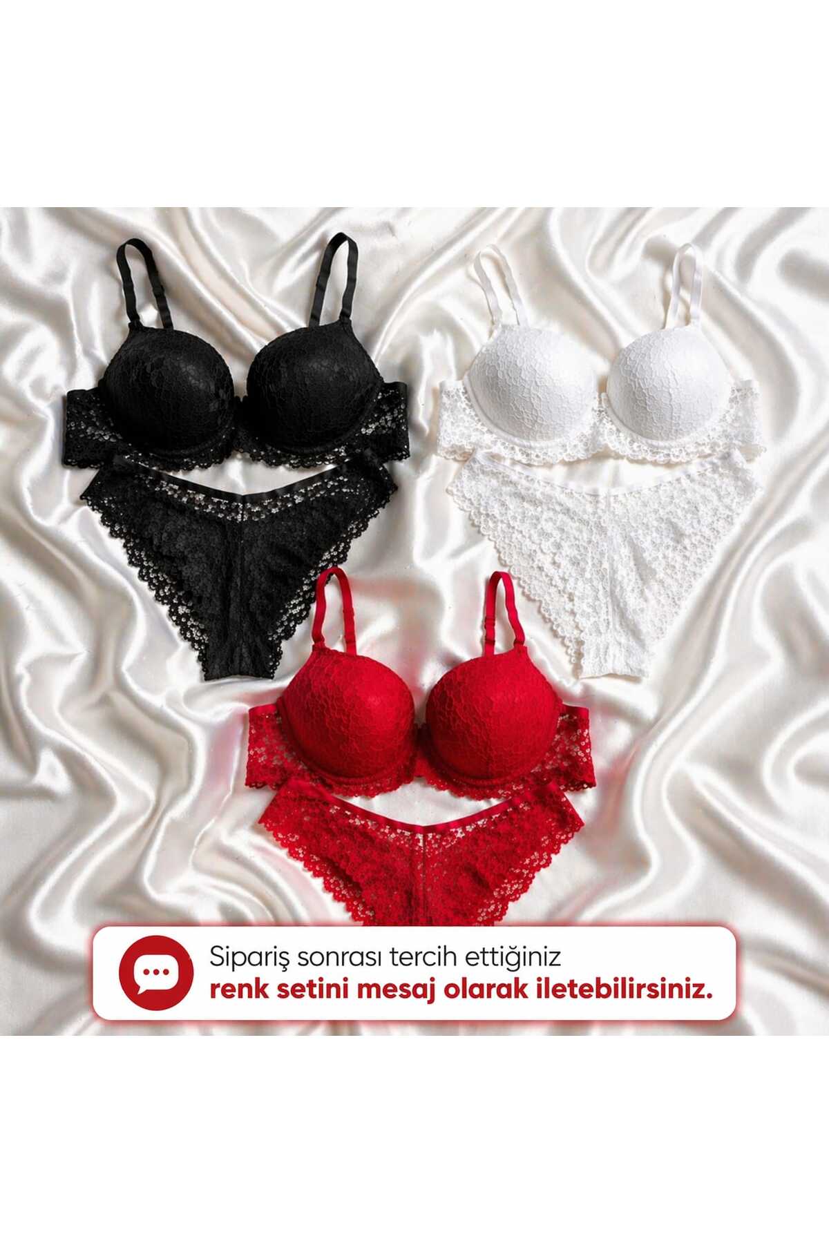 SOLENIA  Kadın Dantelli Yoğun dolgulu Push-up Balkonet 3'LÜ Takım Seti -KIRMIZI-BEYAZ-SİYAH/ MOR-BORDO-EKRU