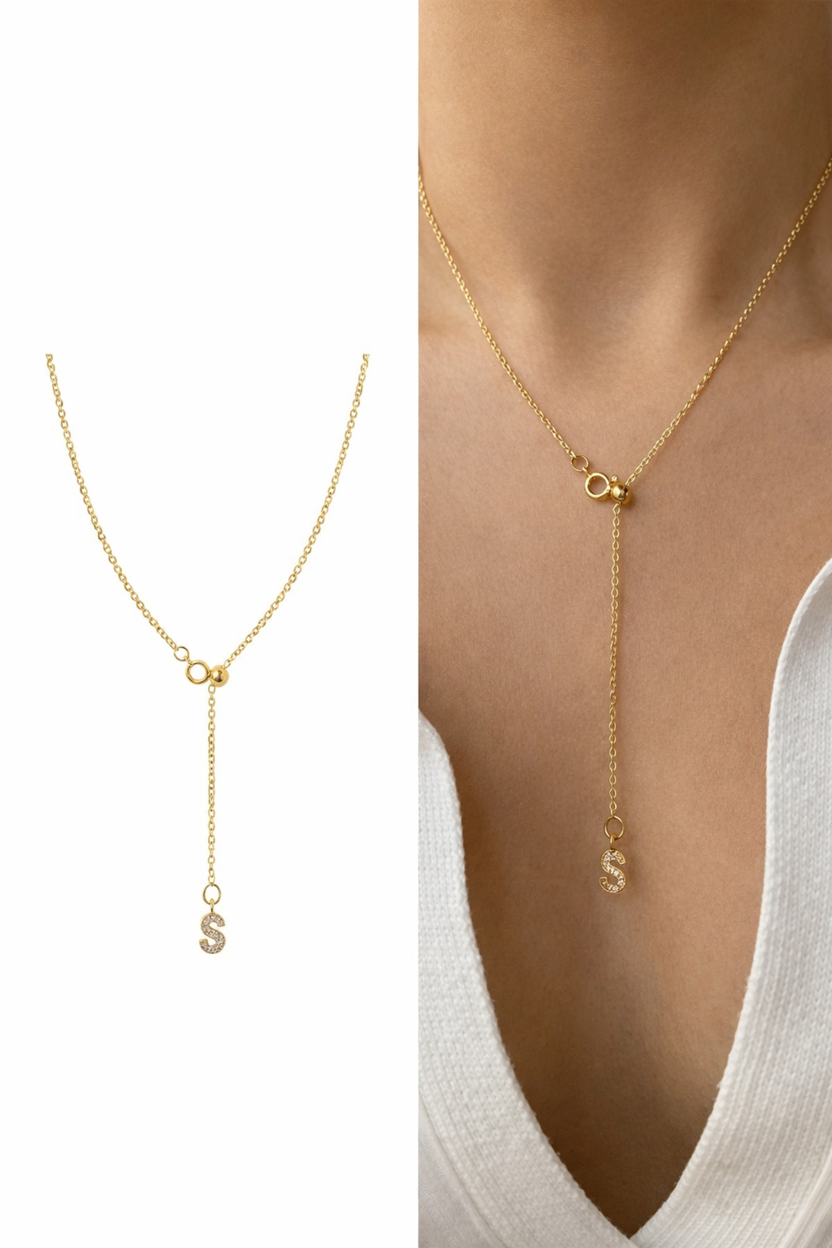 Taşlı Harf Charm Altın Kaplama Gold Asansör Dekolte Kadın Kolye (45 cm) – Sevgililer Günü Özel
