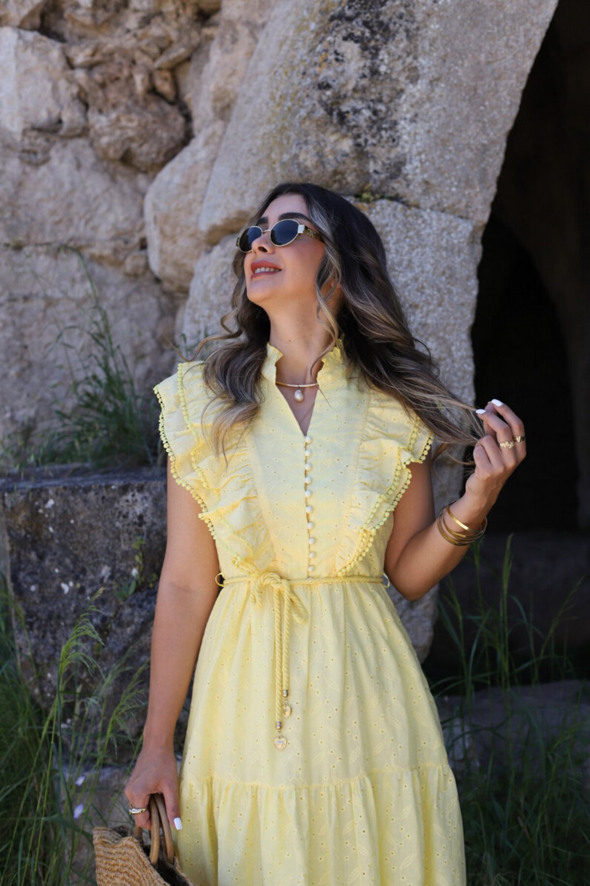 bytugcekaya  Sarı Önü Fırfırlı Sıfır Kol Fisto Elbise - Görsel 2