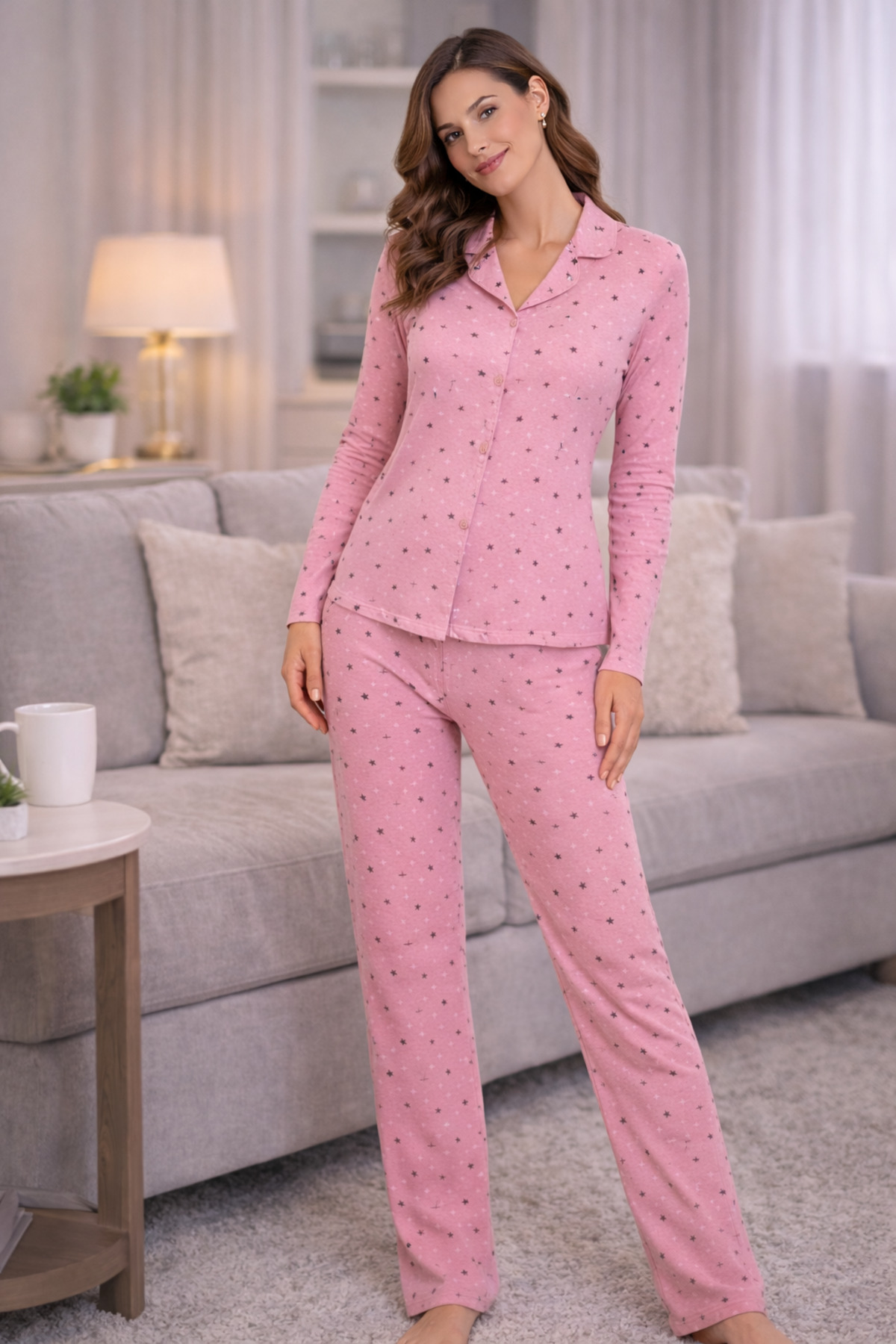 Hipnos Pink Star Printed 100% Cotton Shirt Collar Long Sleeve Women's Pajama Set