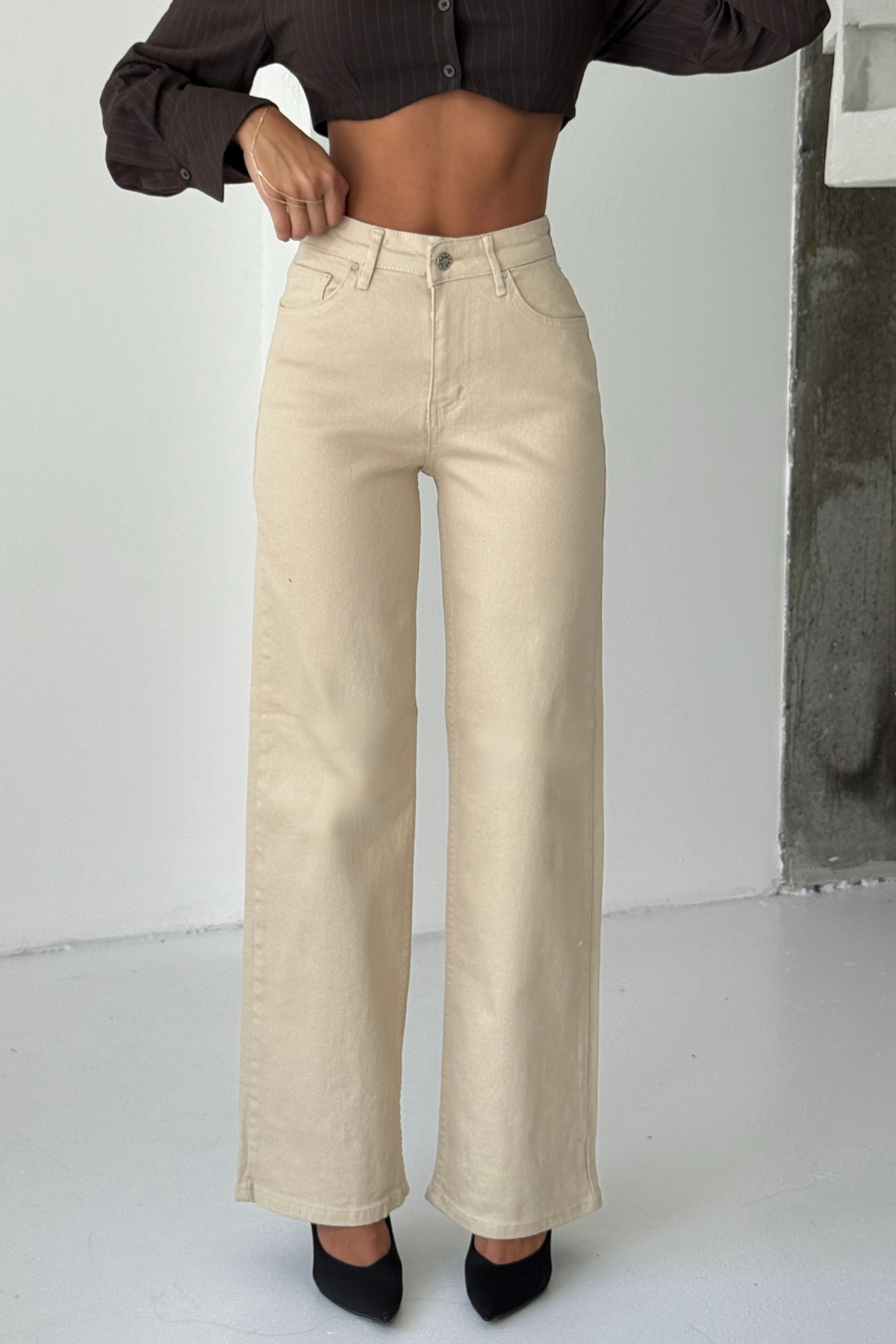 Beige High Waist Wide Leg/Wide Leg Flexible/Lycra Palazzo Jeans
