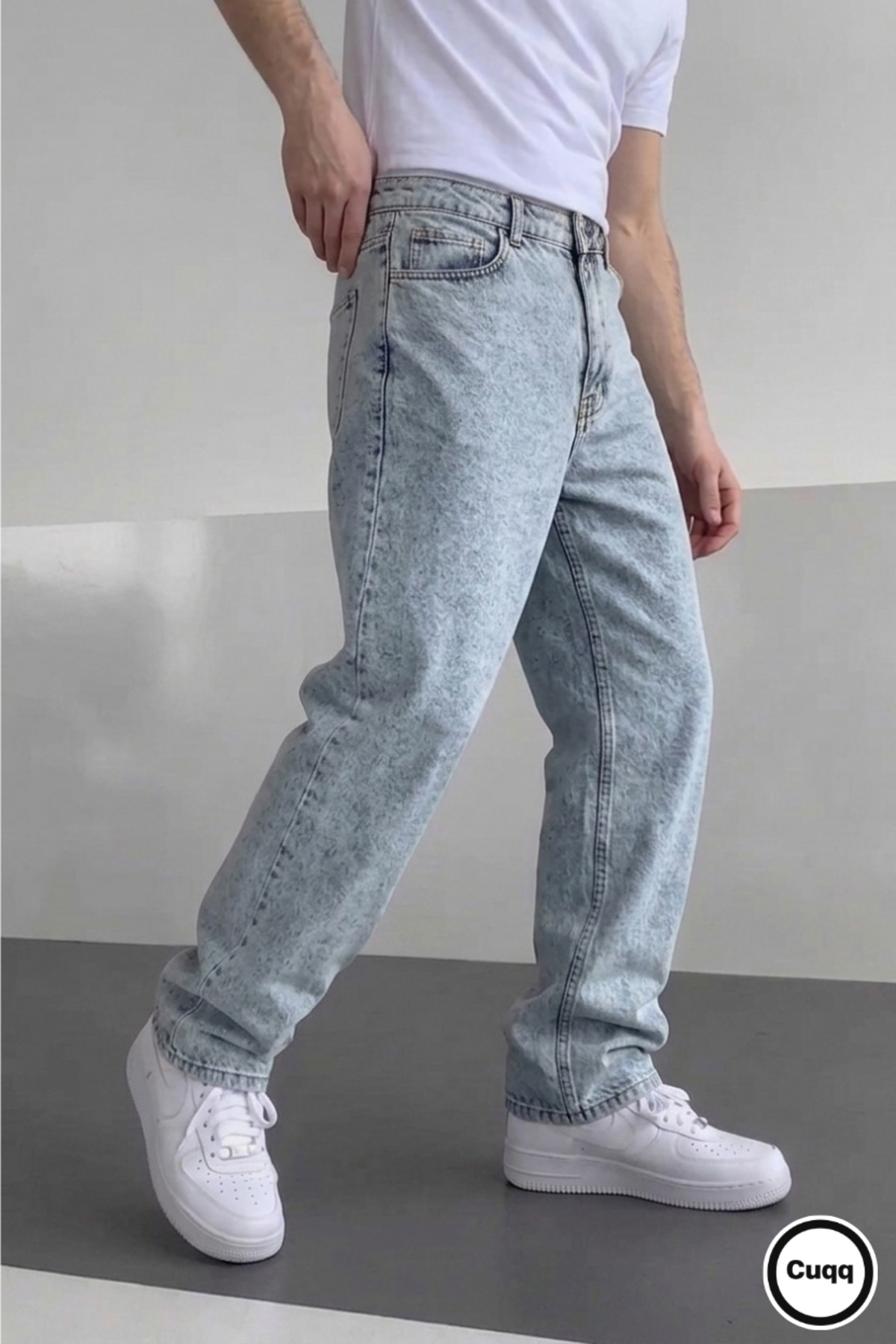 Erkek Açık Mavi Asit Yıkama Yıpratmalı Baggy Jean | Oversize Rahat Kesim Bol Paça Kot Pantolon
