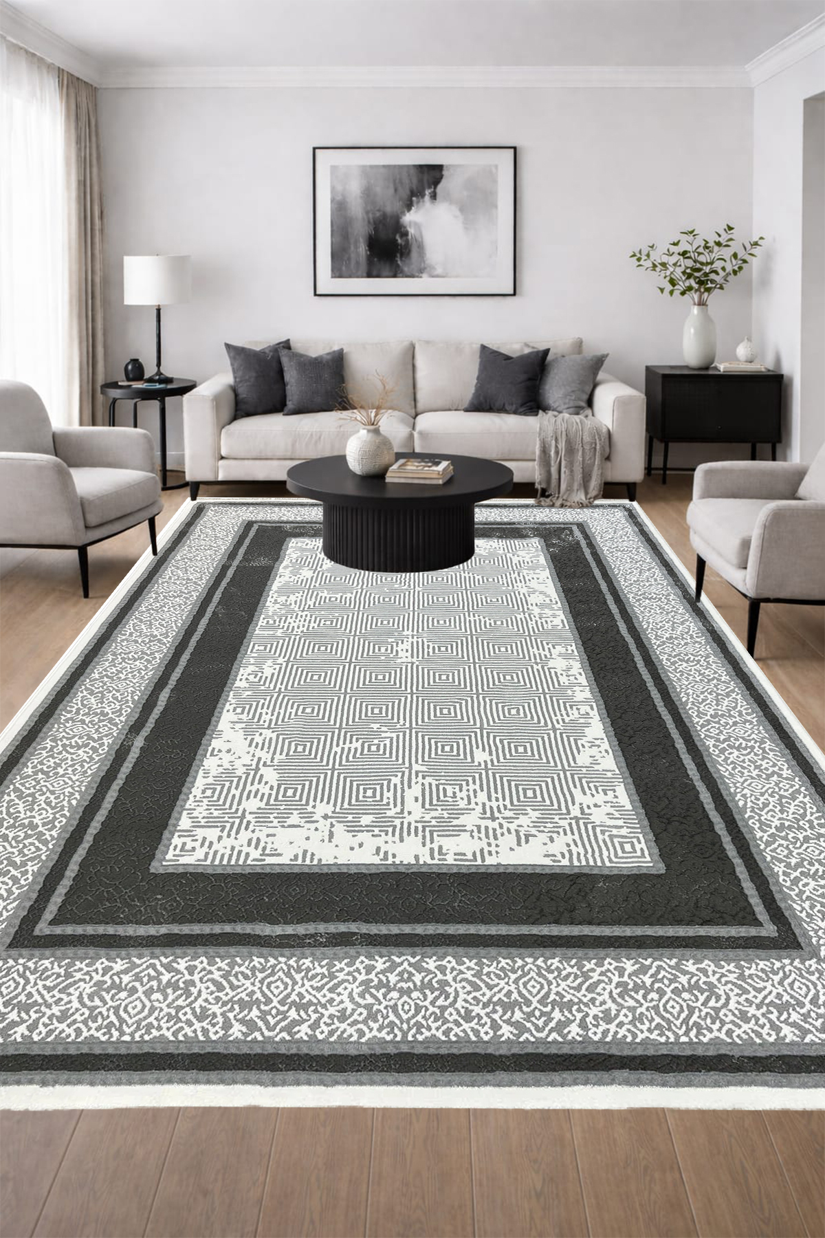 4 Square Meters-6 Square Meters Thick Modern Woven Living Room Kitchen Rug Antiallergic Grey White