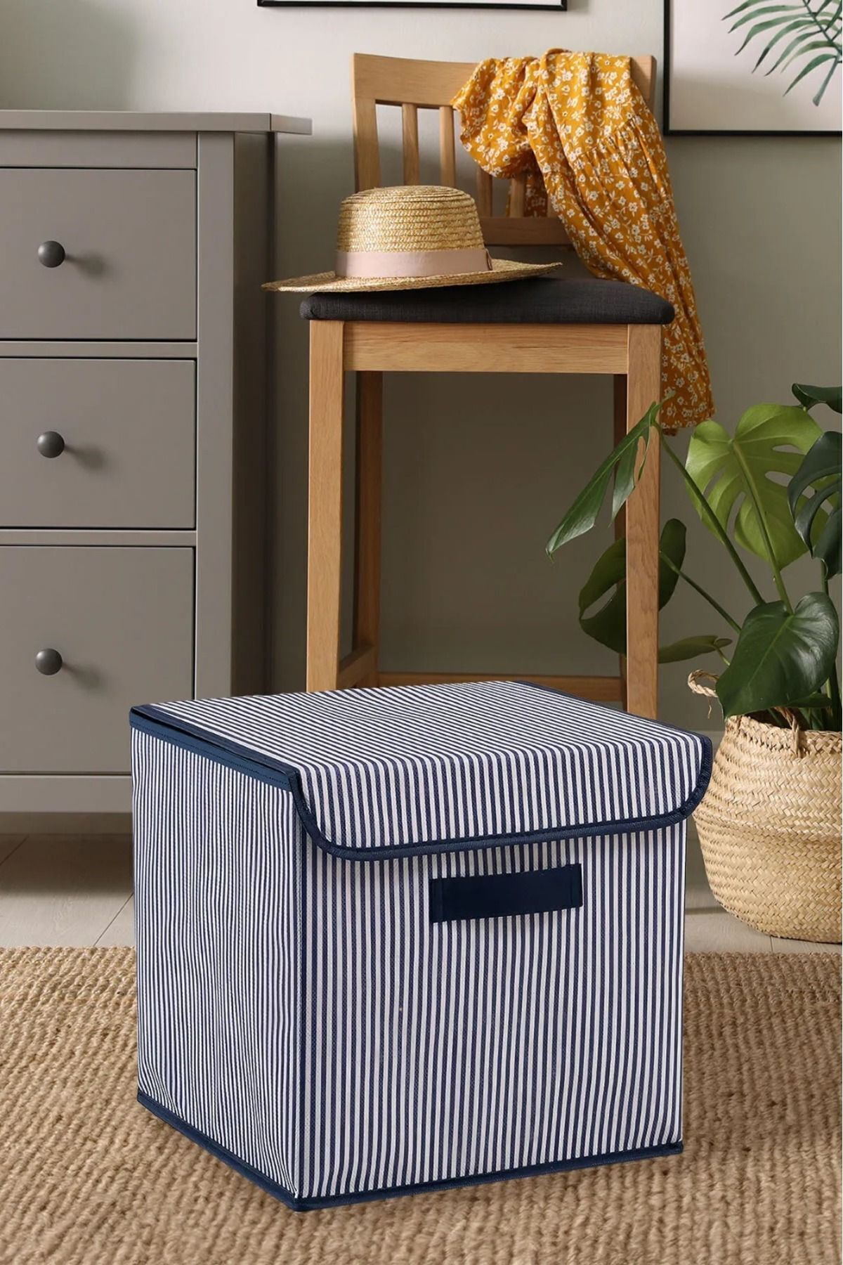 Navy Blue Striped Closet Interior Laundry Toy Organizer Folding Storage Box 30x30x30