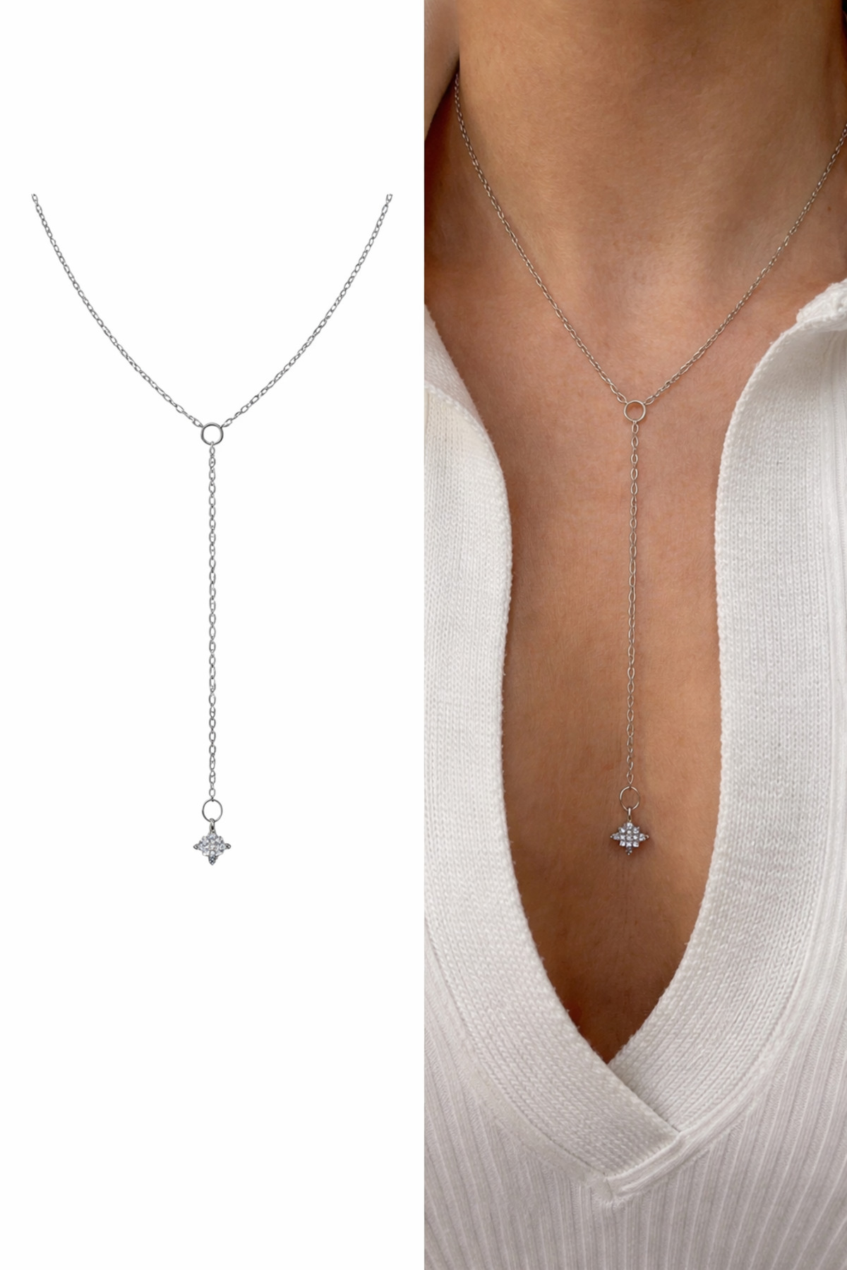 Taşlı Kutup Yıldızı Charm Y Model Çelik Zincirli Kadın Kolye (45 + 6 cm) – Sevgililer Günü Özel