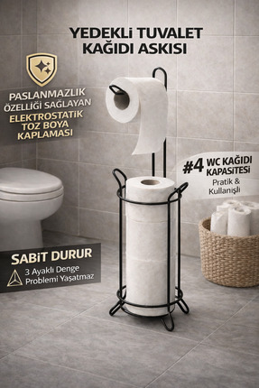 Cherie Home Siyah Yedekli Ayaklı Tuvalet Kağıtlığı Düzenleyici, Paslanmaz WC ...