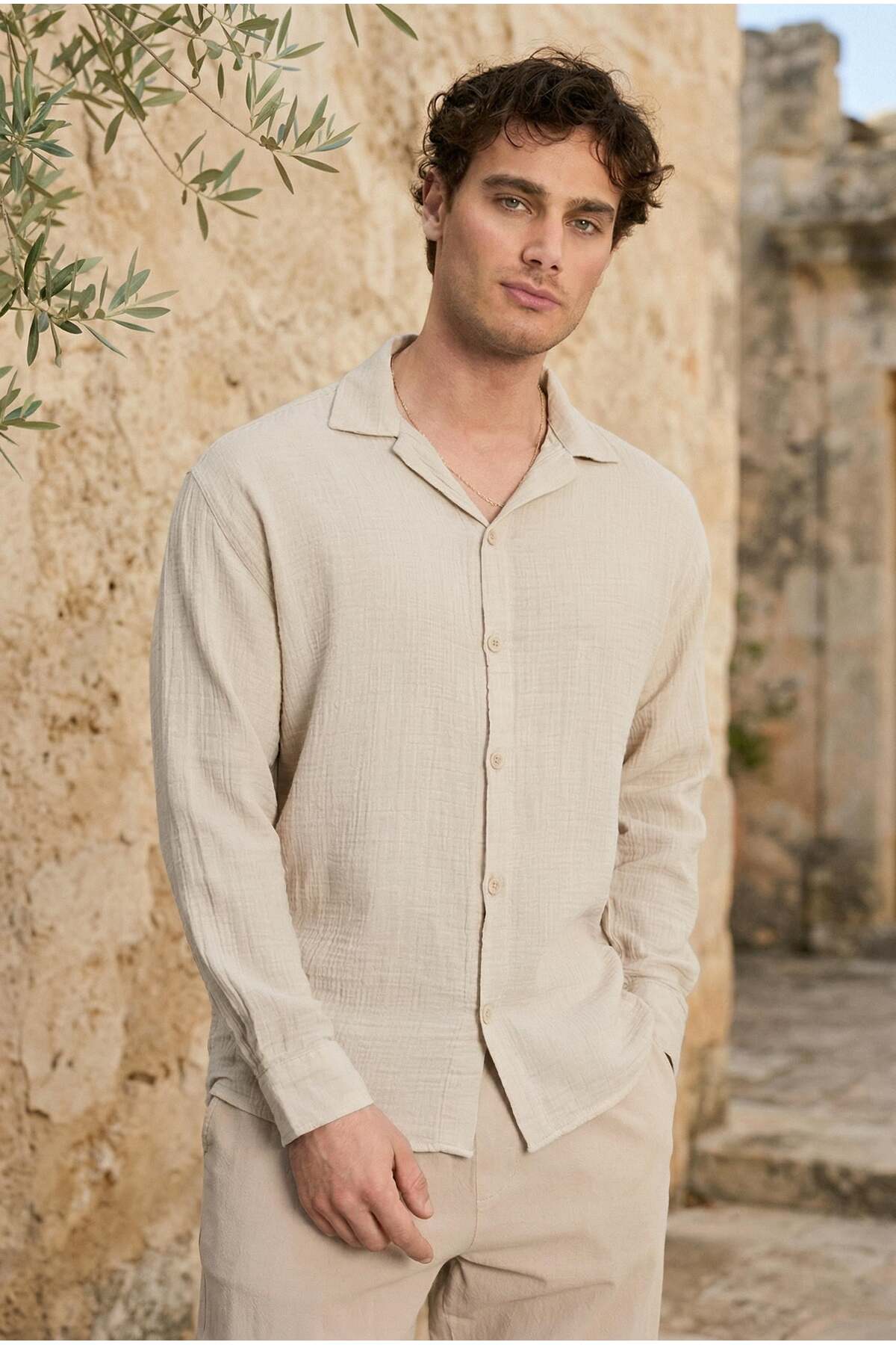 Apash Collar Oversized Muslin Fabric Shirt - Beige
