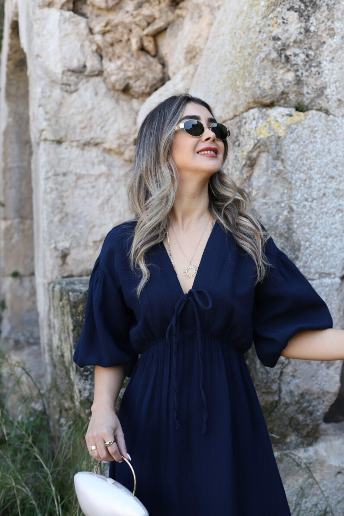 bytugcekaya  Lacivert Balon Kol Müslin Elbise - Görsel 3