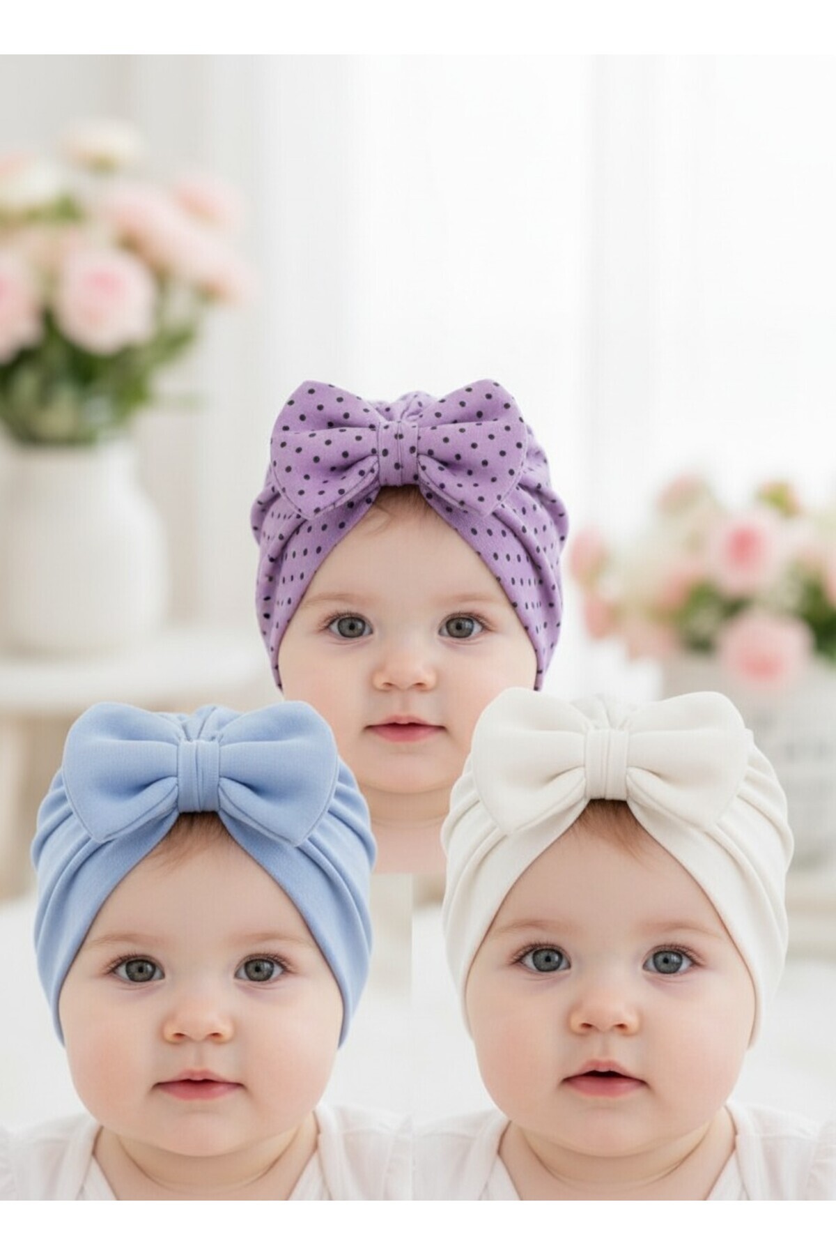 3-PIECE COMBED COMBED COTTON BABY GIRL BONNET SET