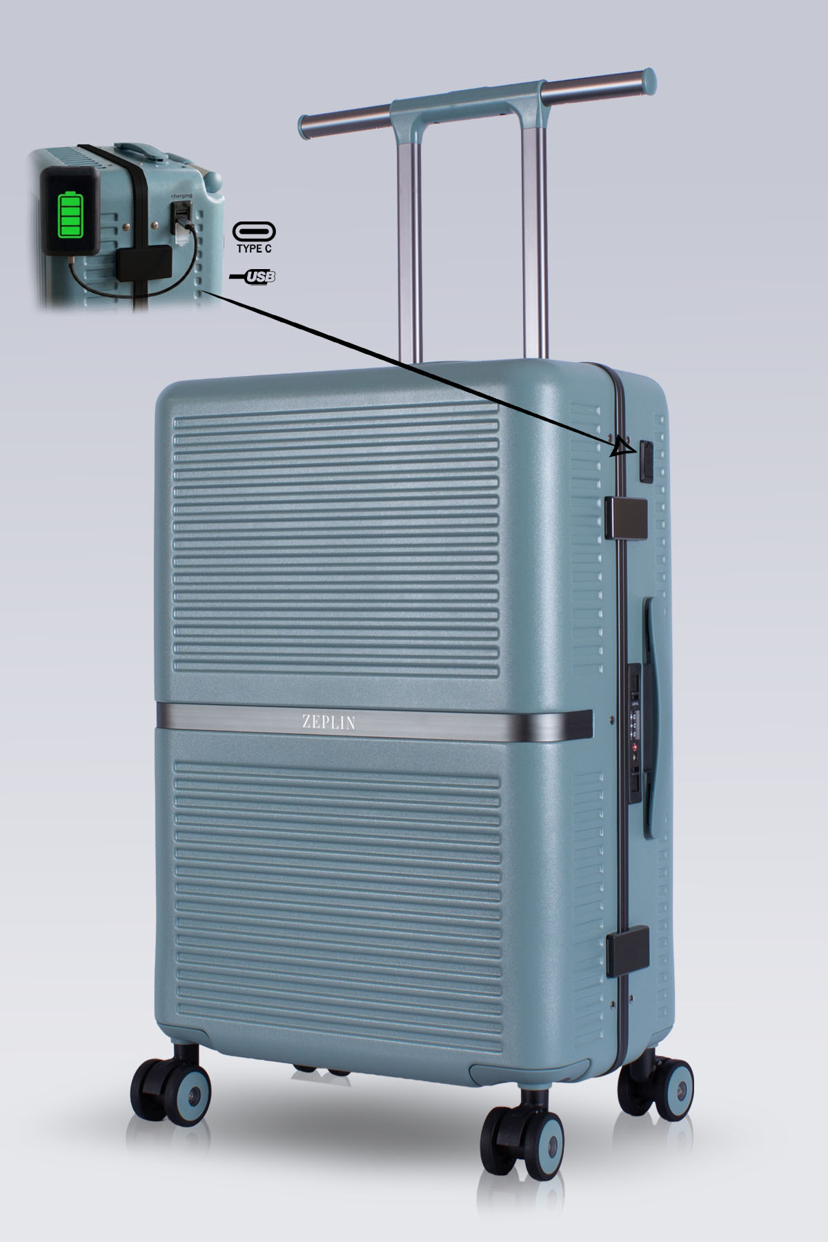 Nora PC Polycarbonate USB & Type-C Medium Suitcase with Charging Port Blue