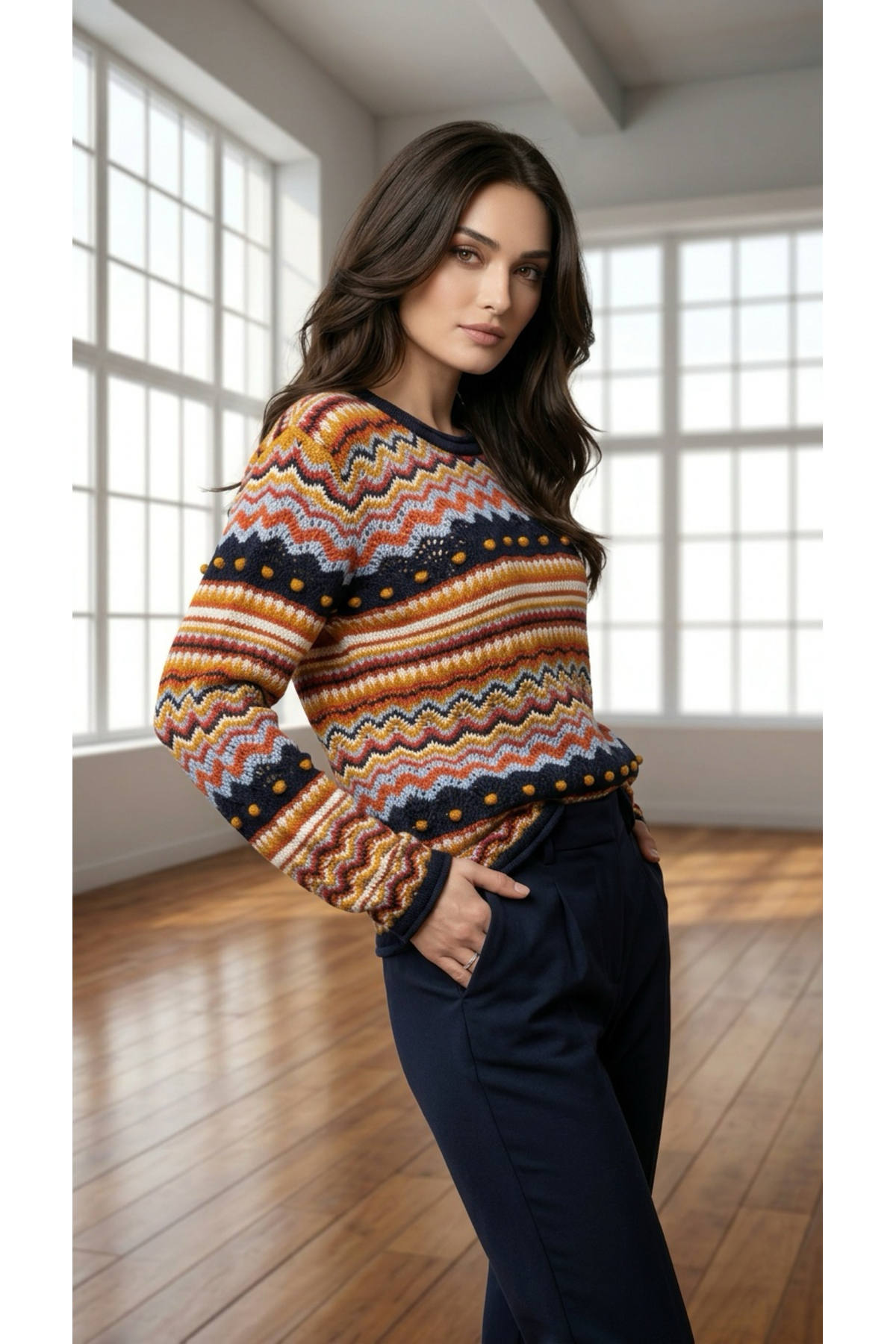 Wearified  Kadın Triko Yazlık Kazak %100 Pamuk Premium Çok Renkli Etnik Desenli Ajurlu Ponponlu Mevsimlik Kazak - Görsel 2