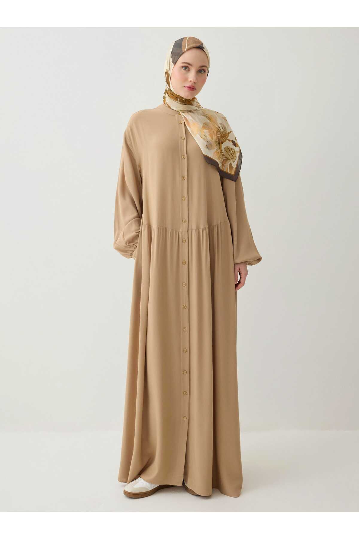 Benin Button Detailed Gathered Hijab Dress - Camel