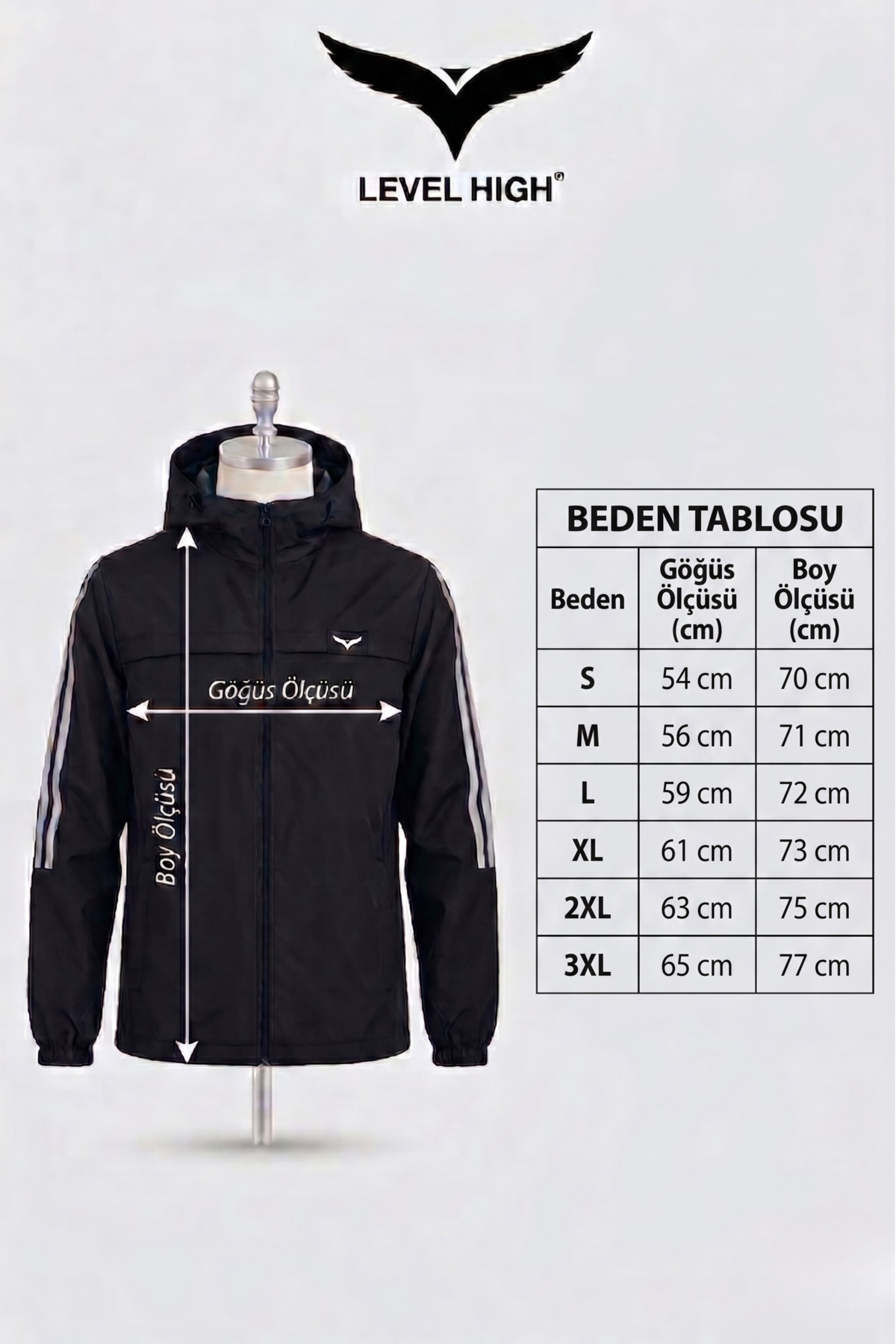 LEVEL HİGH  Kadın Spor Yağmurluk Siyah – Kapüşonlu, Beyaz Şerit Detaylı, Hafif Rüzgarlık, Outdoor Mevsimlik - Görsel 9