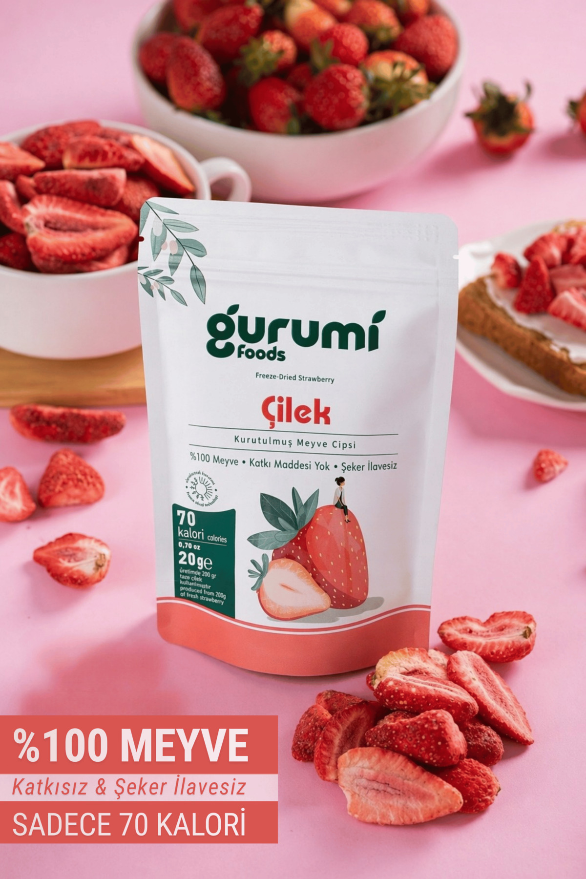 Gurumi Foods Çilek Kuru Meyve Cipsi- Dondurularak Kurutulmuş