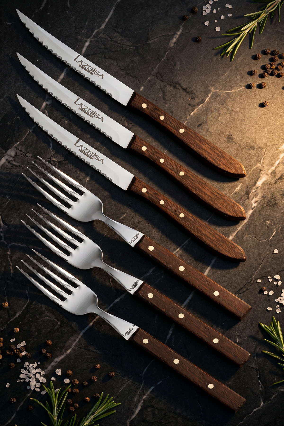 LAZBİSA Hand Craft Serisi Steak Et Bıçağı Çatalı 6 Lı Set Mutfak
