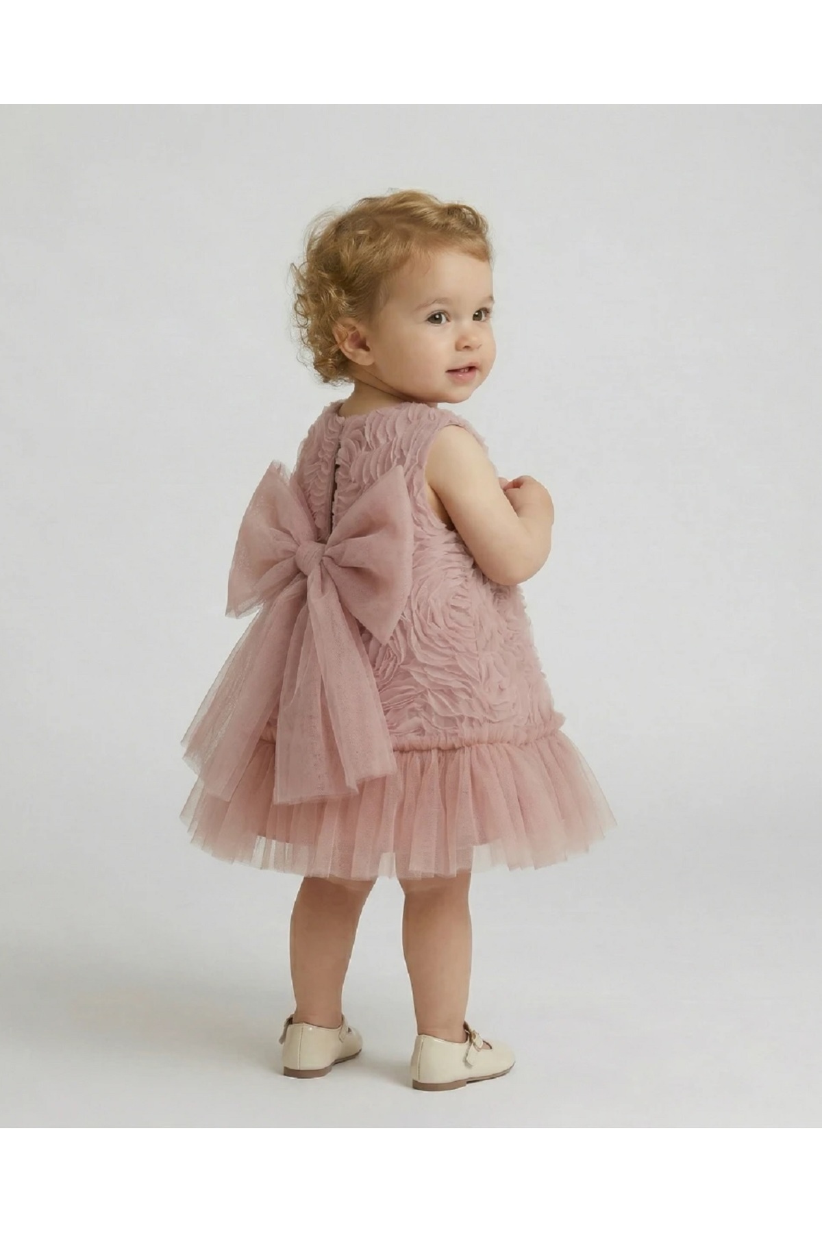SweetMe Kız bebek elbise abiye 3 boyutlu çiçeklli etek ucu tüllü parti doğum günü elbisesi