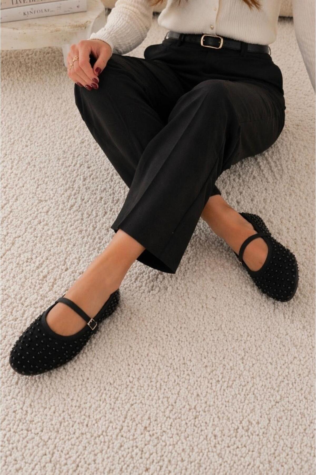 lünya shoes Taşlı Lastikli Toka Detaylı Kadın Günlük Siyah Babet görsel 3