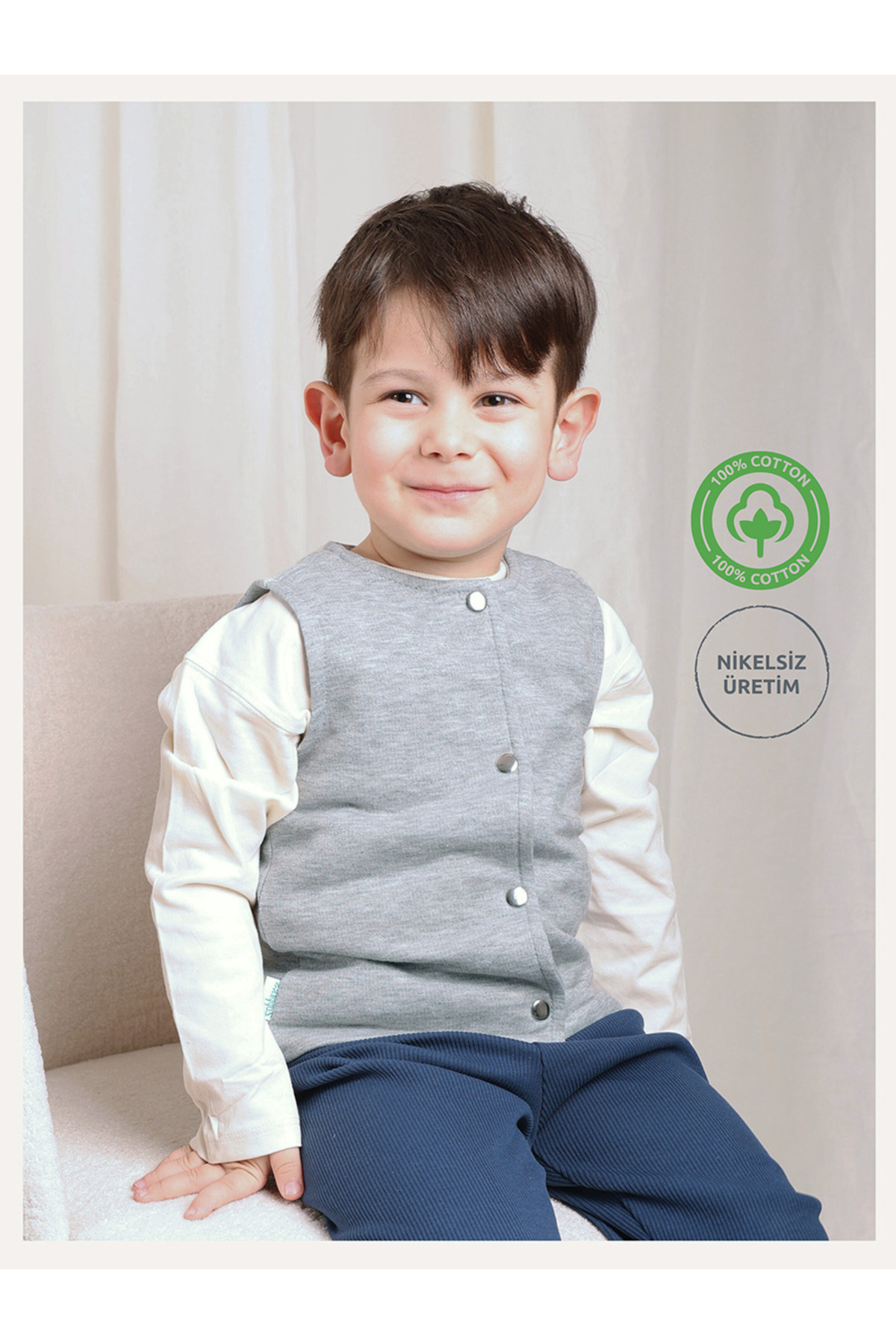 Cotton Baby Kids' Vest with Snap Fastener - Gray