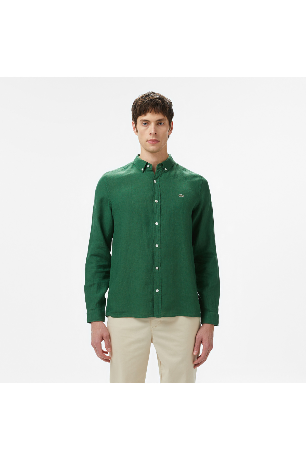 Lacoste Erkek Regular Fit Düğmeli Yaka Keten Koyu Yeşil Gömlek — سبز CH5692T