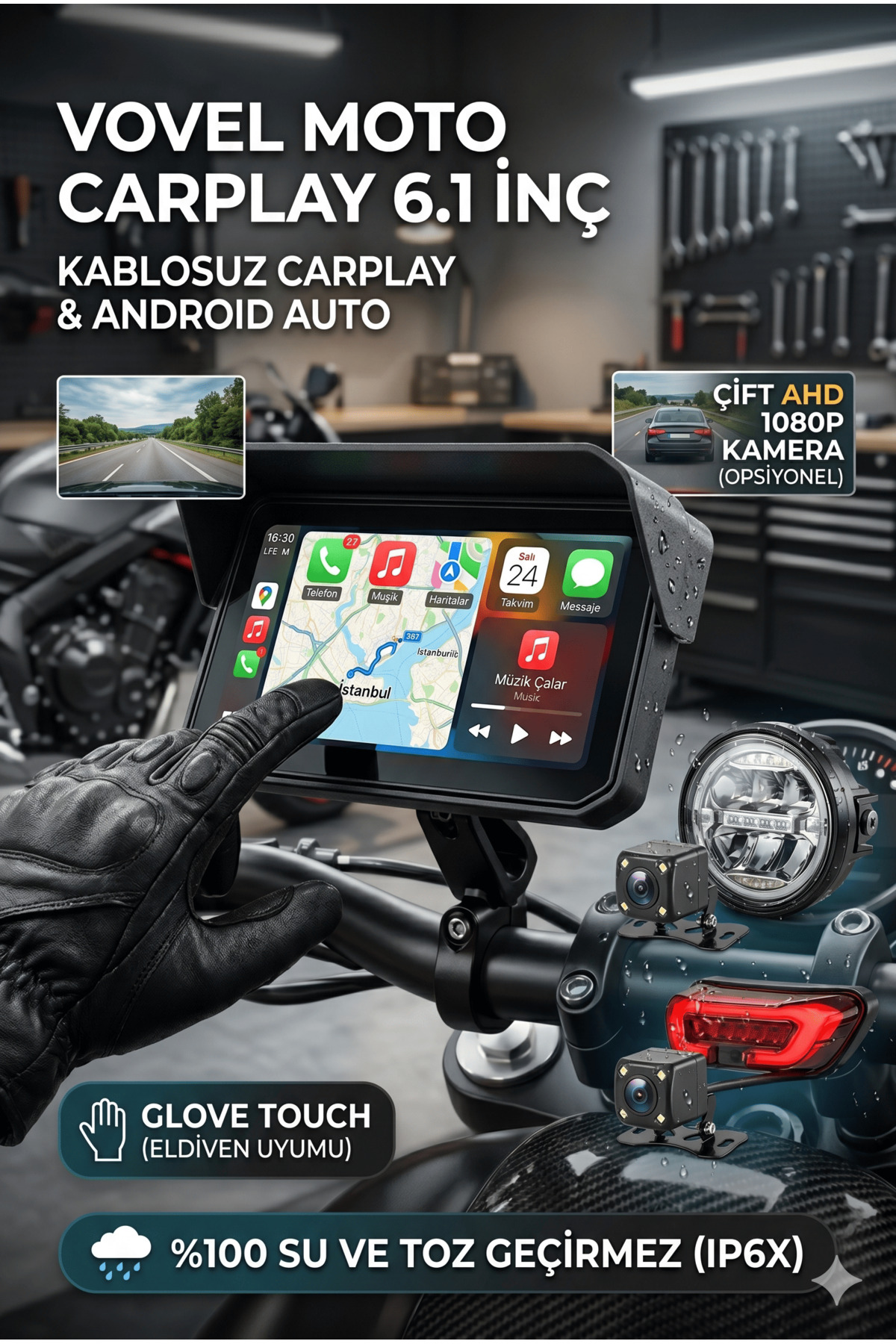 VOVEL Moto CarPlay 6.1 İnç - 2 Kameralı - Su Geçirmez - Kablosuz