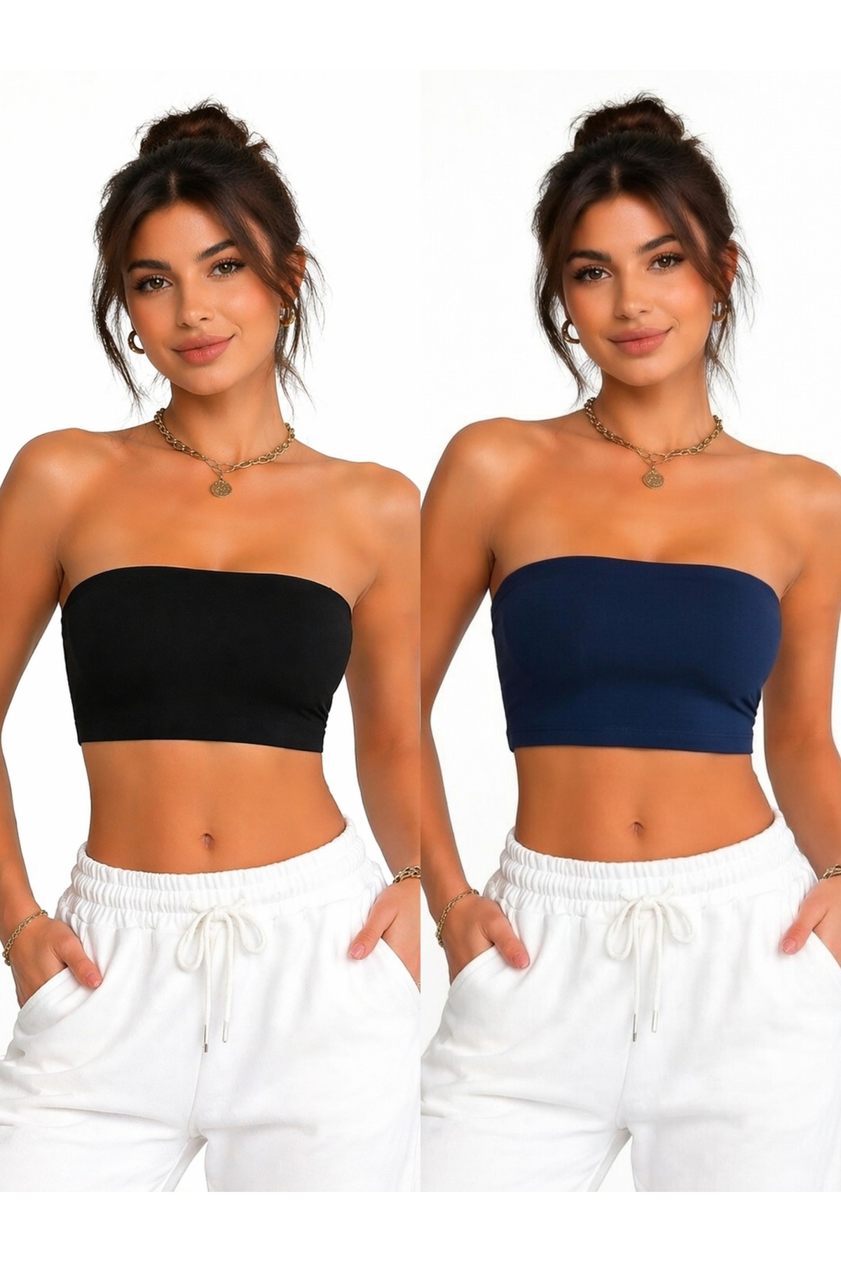 Olyssia Kadın 2'li Paket Straplez Crop Top Büstiyer Göğüs Altı Kısa Bandeau Üst Basic Şık Atlet görsel 7