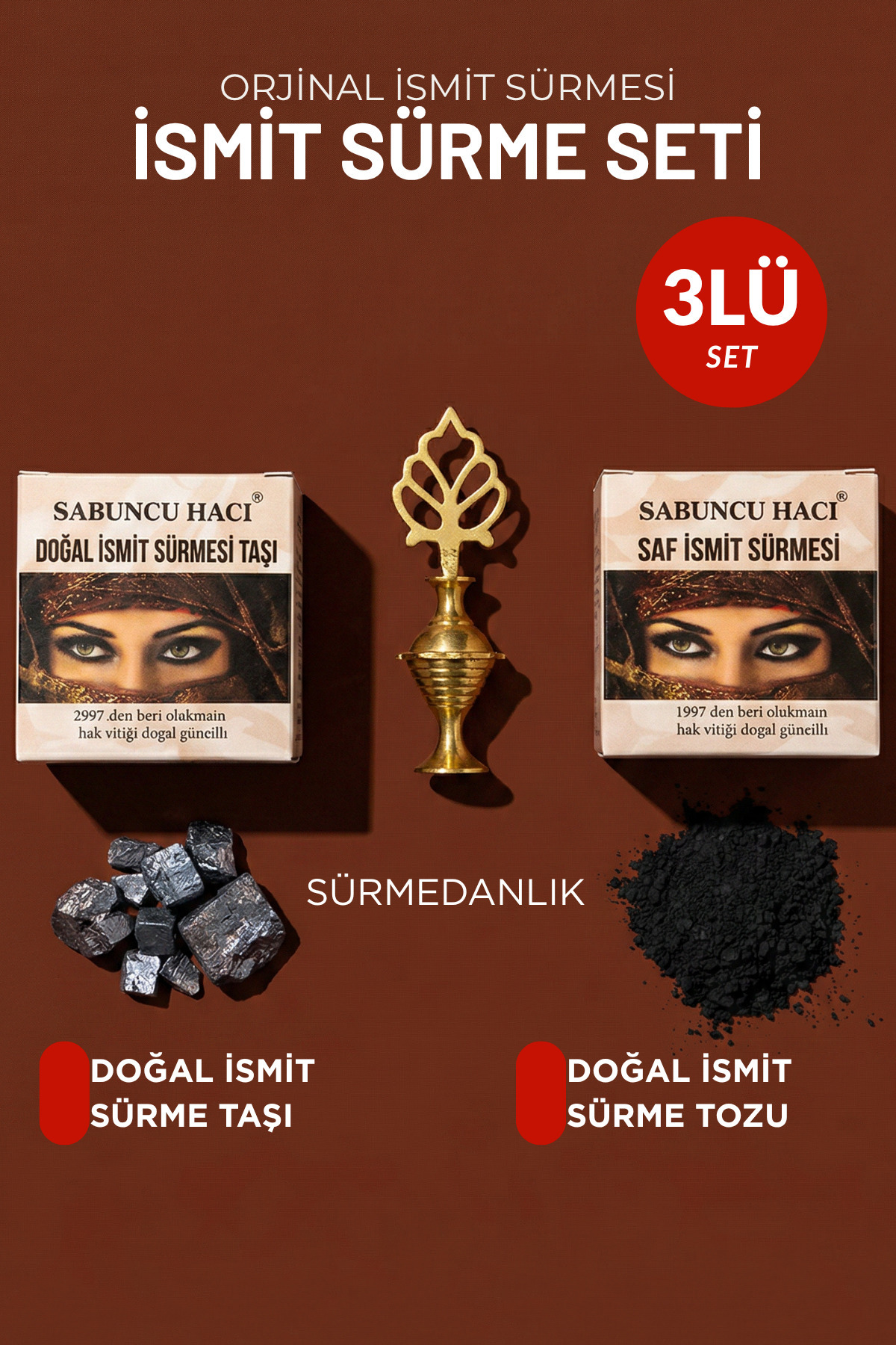 %100 Saf İsmit Sürme Tozu 30 gr + İsmit Sürme Taşı 100 gr + 1 Adet Pirinç Sürmedanlık 3 Lü Seti — مشکی 123576SM