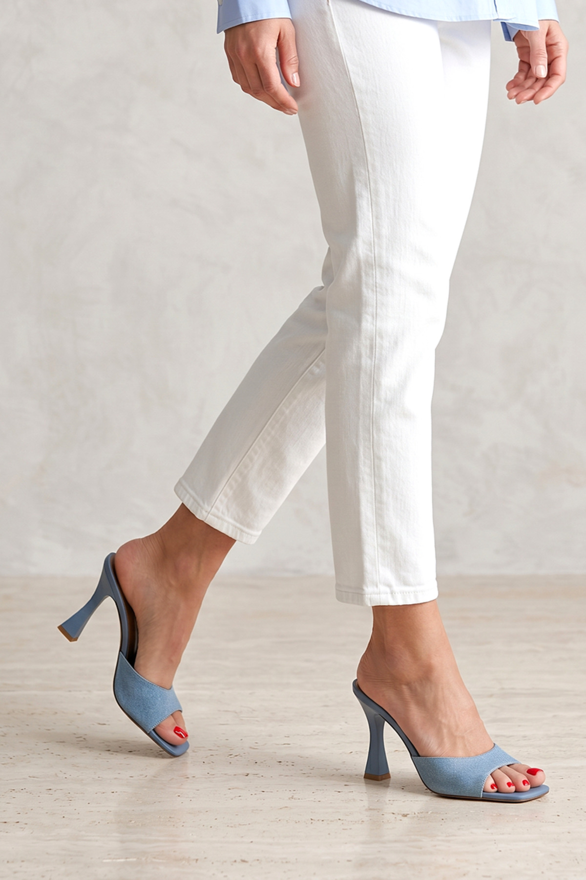 Hannah Blue Denim Medium Heel(8 cm) Heeled Slippers