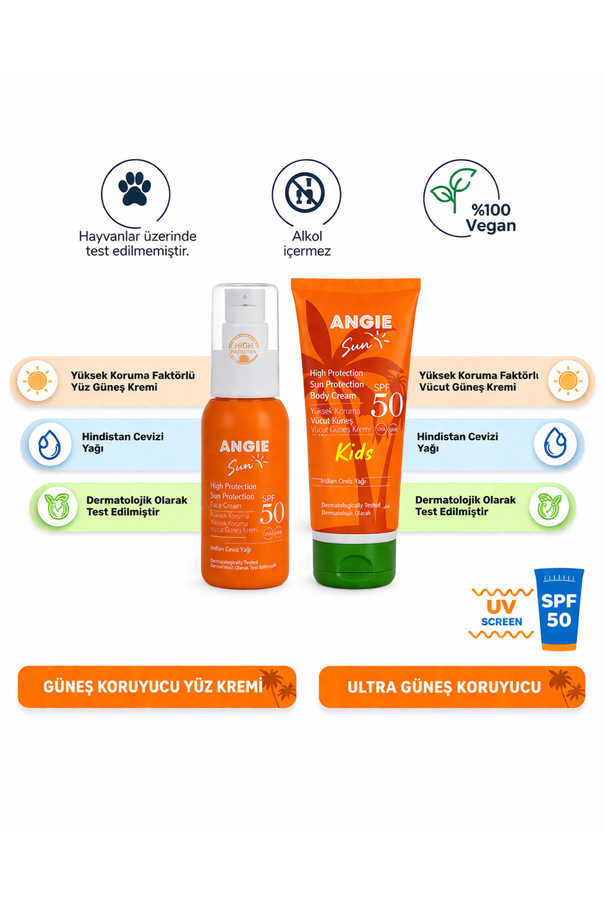 Angie Sun Face 50 Spf Yüz Koruma Güneş Kremi 50 ml - Sun Kids Bebek ve Çocuk Güneş Kremi 200 ml 2'li Set — SUNFACE-KIDS2LISET