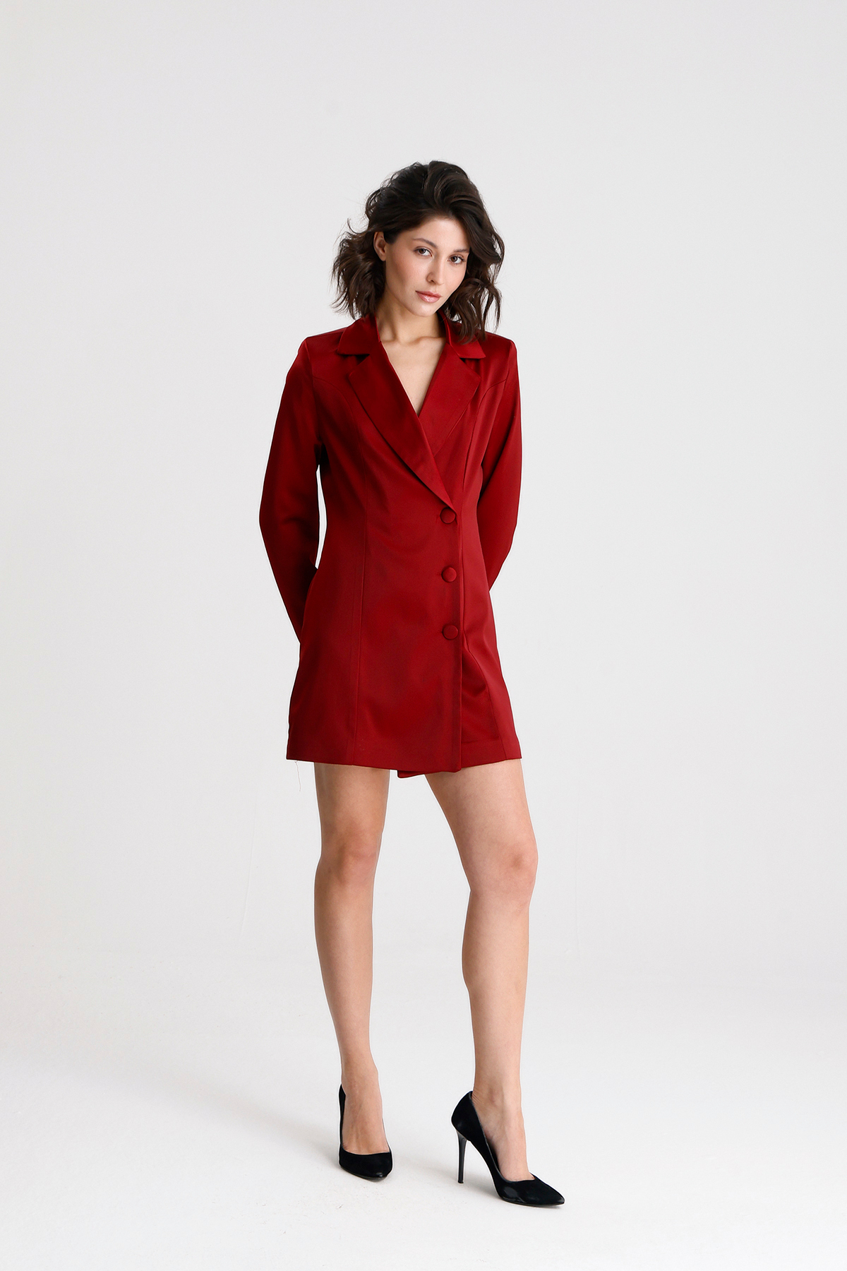 Sense Double-Breasted Collar Lined Satin Blazer Jacket Dress | Elb36615  Claret Red- Trendyol