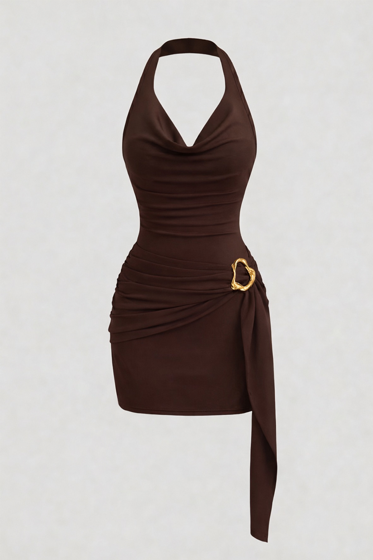 World Fashion Trends  KAHVE Kadın DEGAJE HALTER Yaka Toka Detaylı Kuşaklı Toparlayıcı Kalıp Mini Elbise