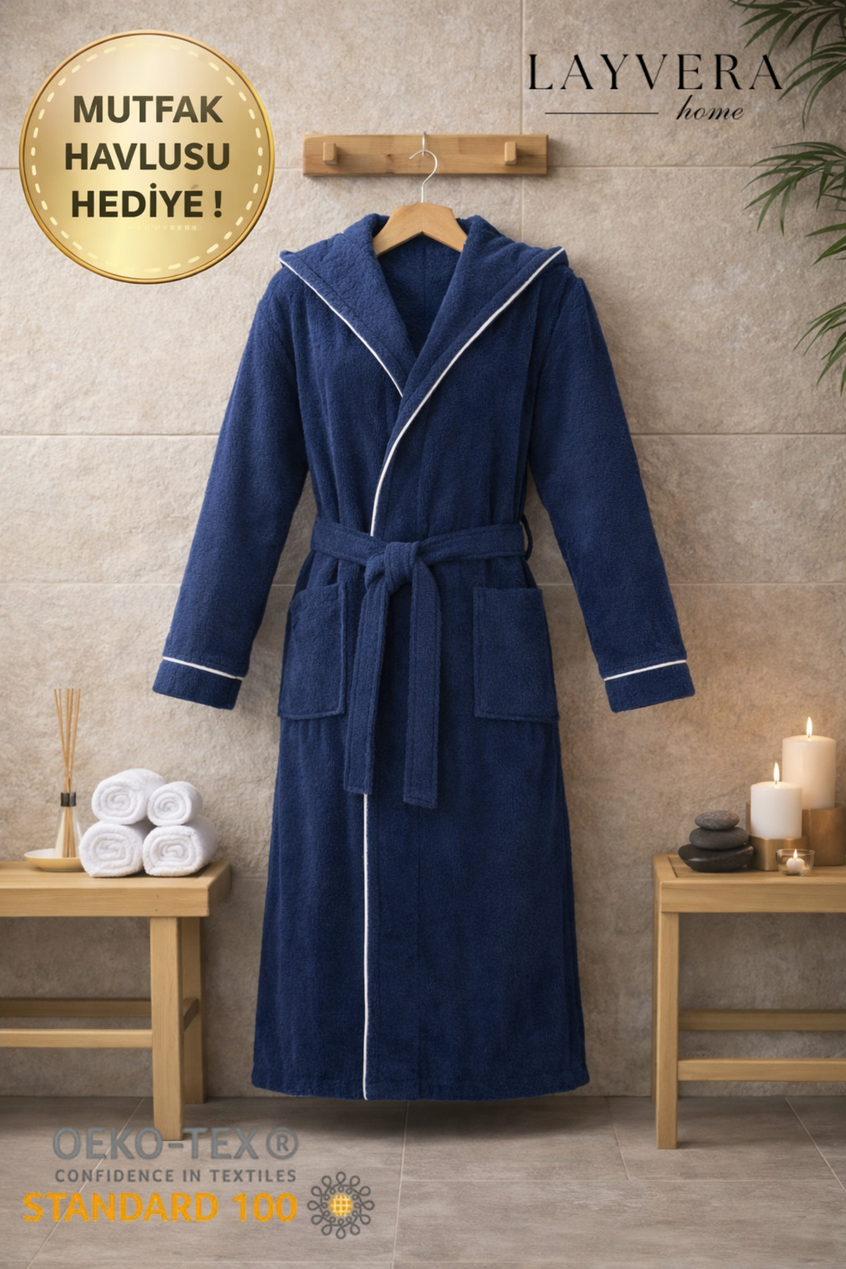 Men's -Women's Navy Blue Bathrobe | 100% Cotton-Hooded- Bias -Pockets-Soft Texture