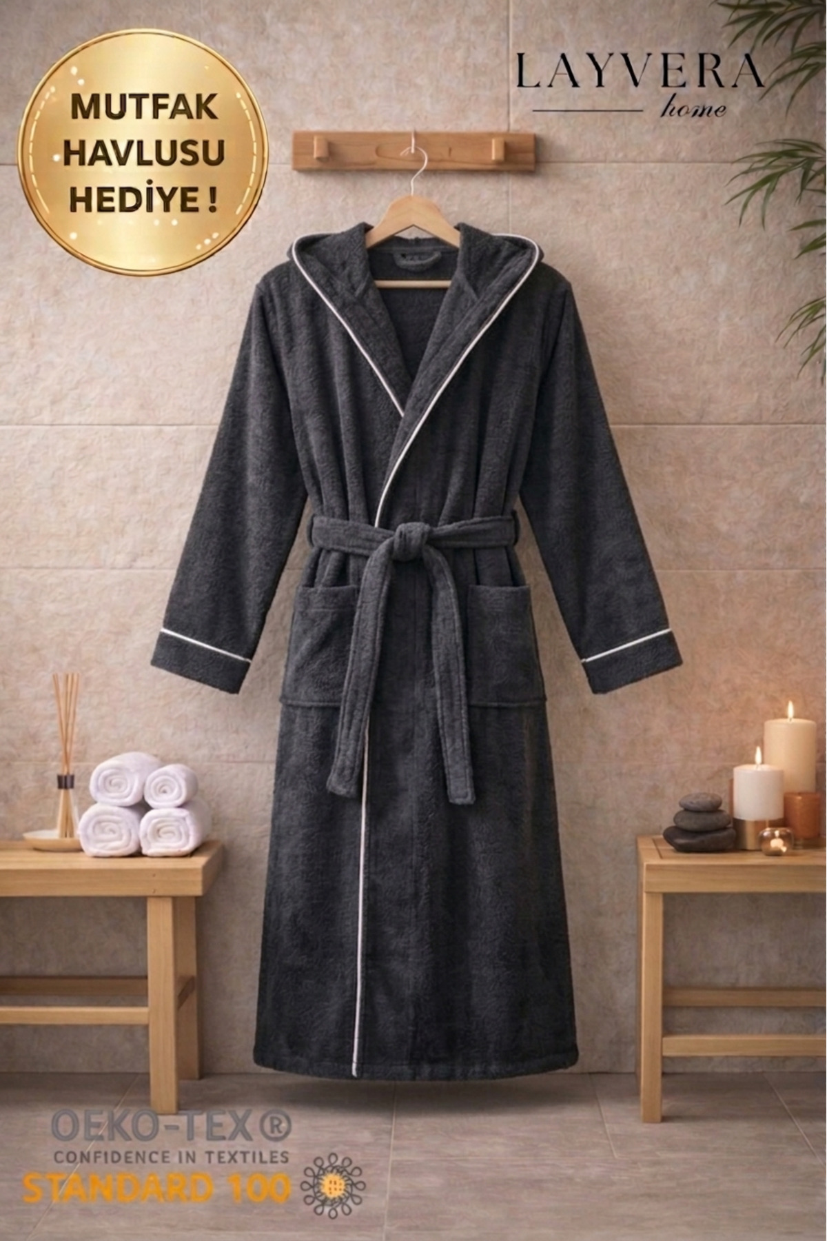 Men's -Women's Anthracite Bathrobe | 100% Cotton-Hooded-Bias-Pockets-Black