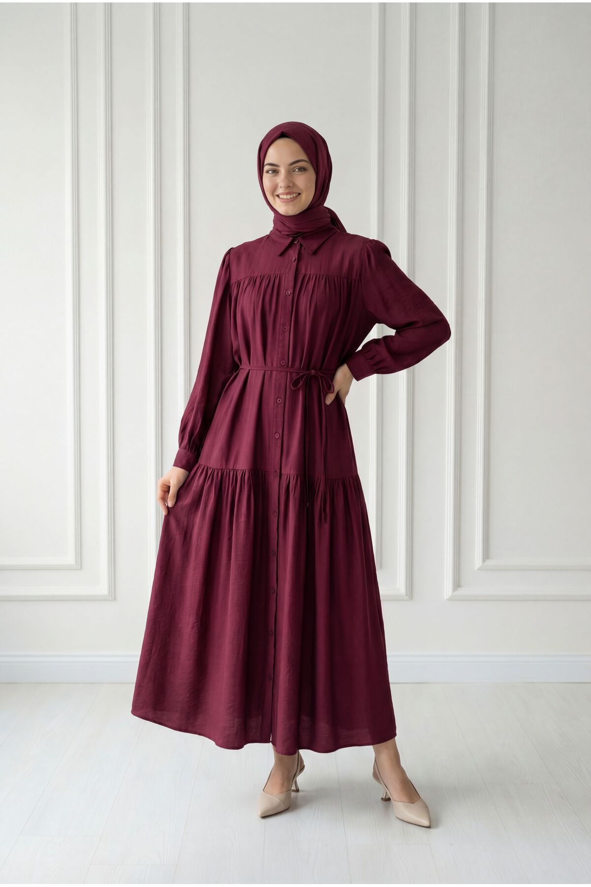 Zafire Buttoned Yoke Strawberry Dress-BN4603 Burgundy