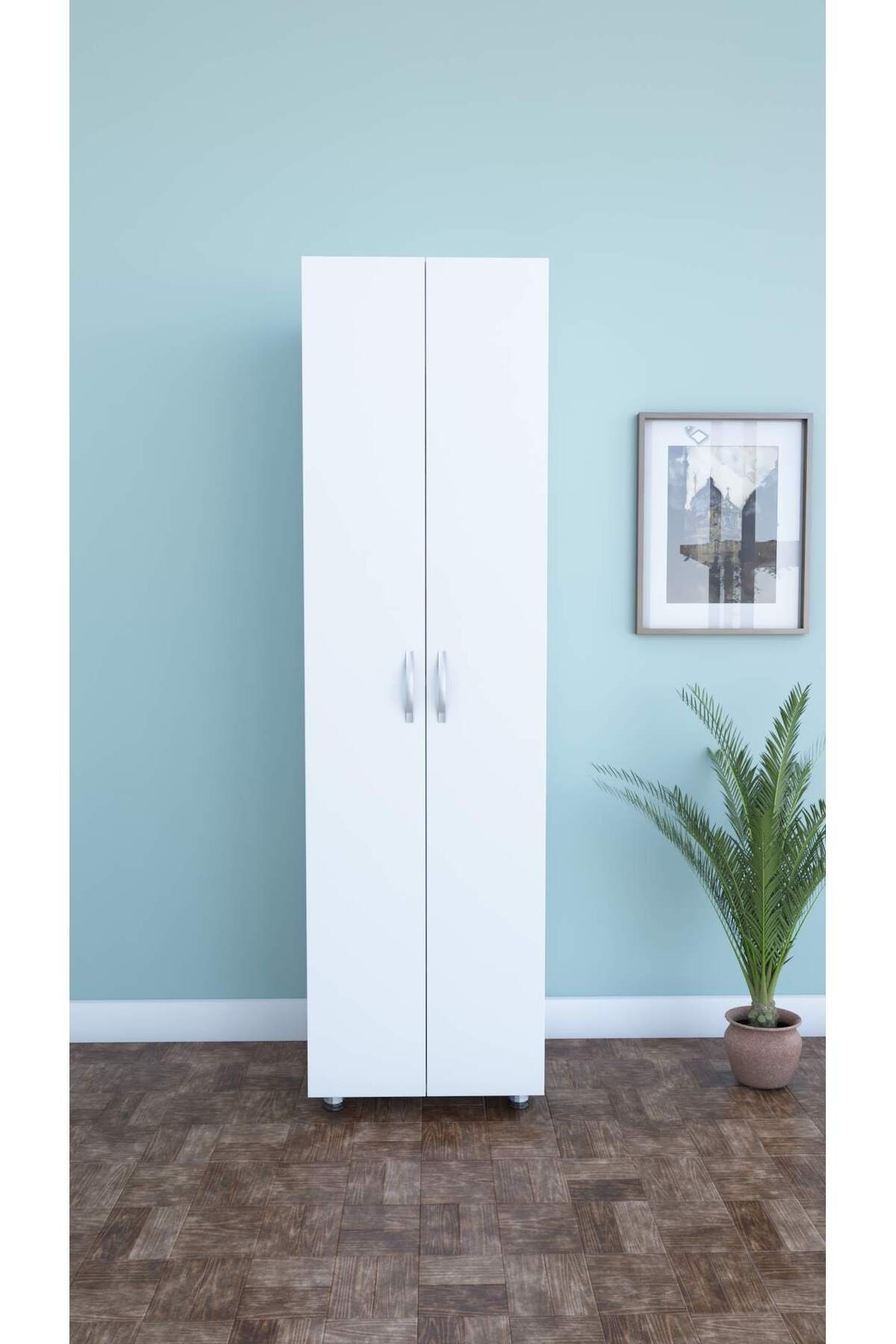 Storage Cabinet Multipurpose Narrow Space 2 Doors 8 Shelves White Kitchen Bathroom Pantry 49x174x29 cm
