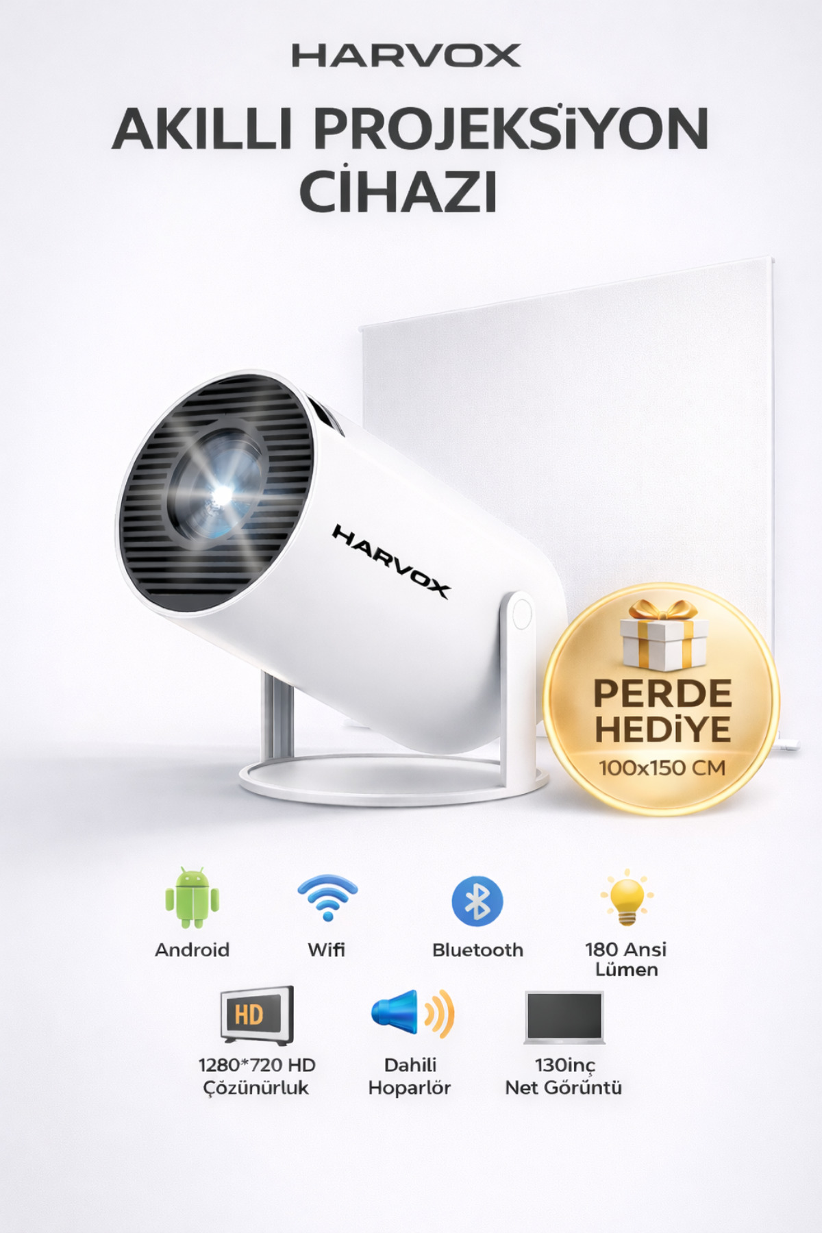 SEYUWATCH Taşınabilir 130" inç Yansıtma Sinema Projeksiyon Cihazı Ev Sineması Dahili Android Perde Hediyeli