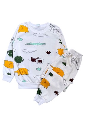 Fil Kids Erkek Çocuk Pamuklu Beyaz Safari Aslan Fil Desenli Uzun Kollu Mevsim...