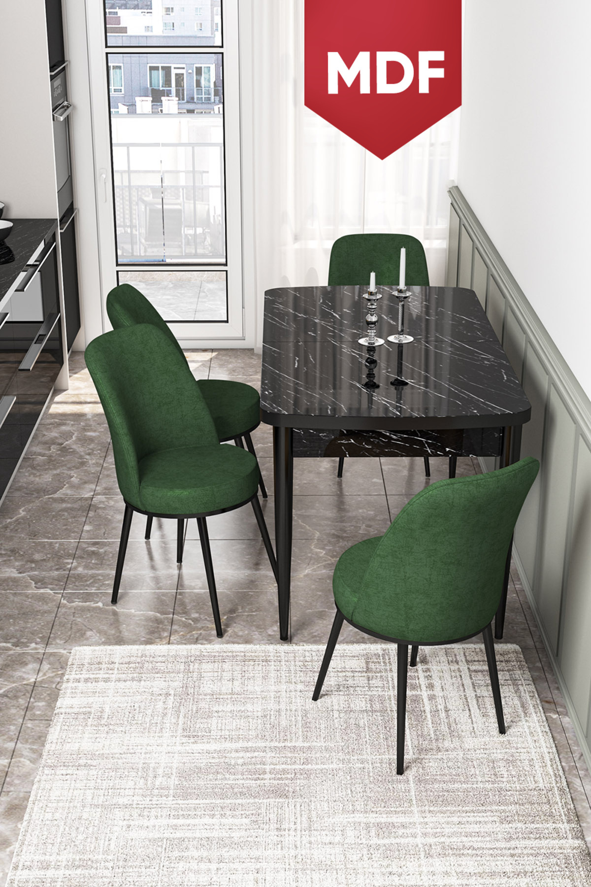 Kor Series 70x114 Retractable MDF Kitchen Table Set Black Marble Pattern Table 4 Khaki Green Chair