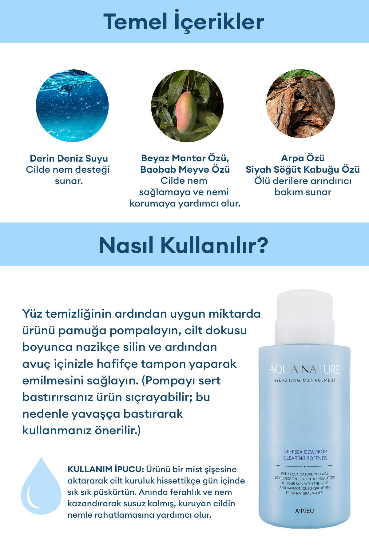 Pürüzsüzleştirici Tonik 500ml A'PIEU Aqua Nature Deep-Sea Dewdrop Clearing Softener — 8809643521352 — تصویر 5 از 7