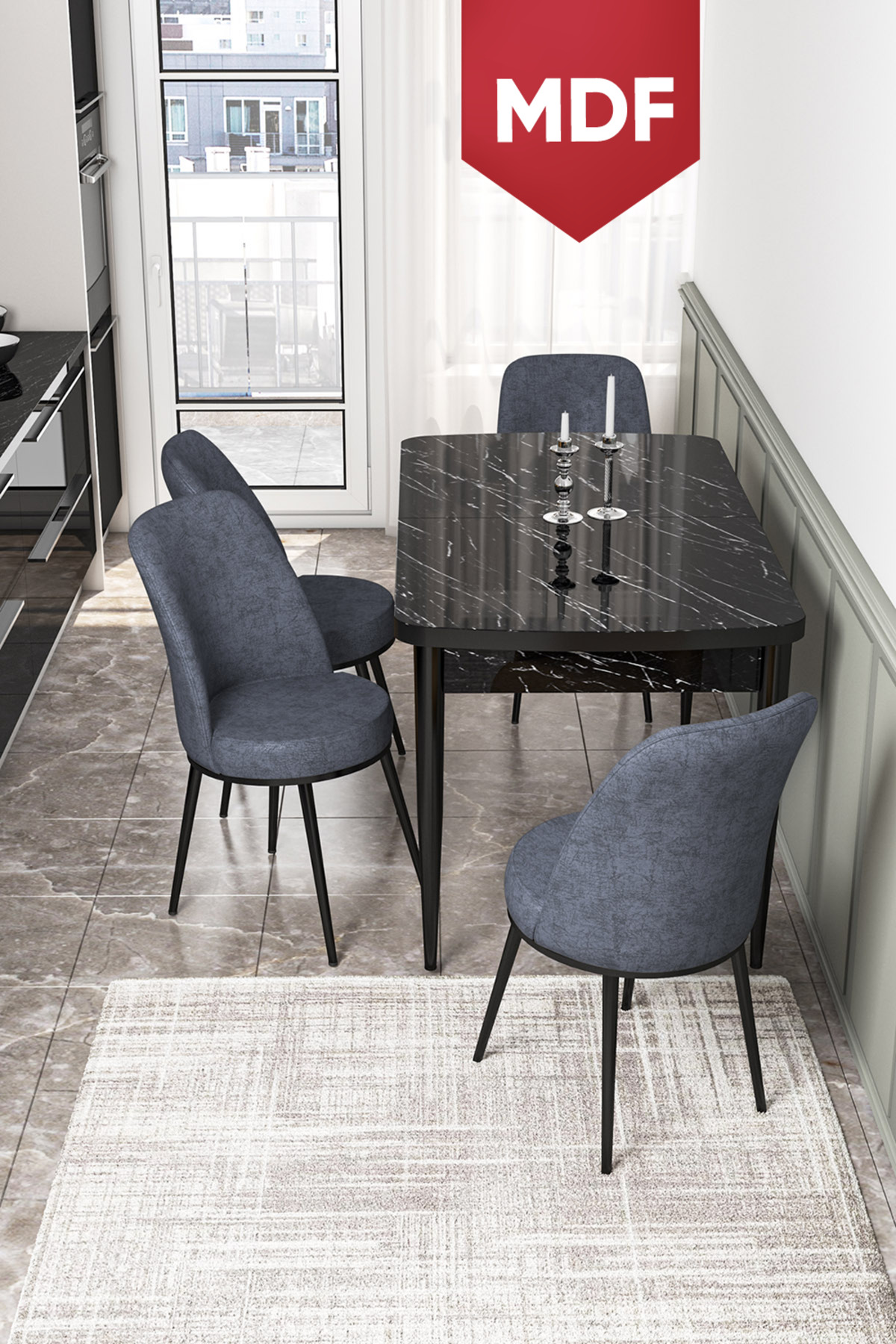 Kor Series 70x114 MDF Retractable Kitchen Table Set Black Marble Pattern Table 4 Smoked Chairs