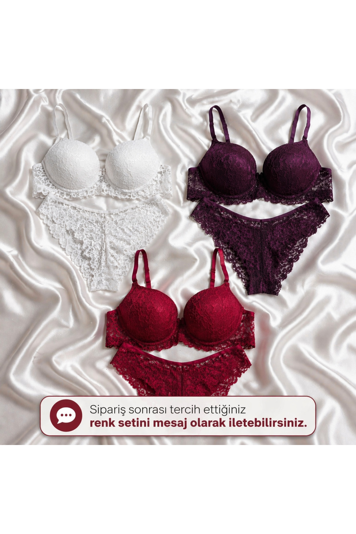 SOLENIA  Kadın Dantelli Yoğun dolgulu Push-up Balkonet 3'LÜ Takım Seti -KIRMIZI-BEYAZ-SİYAH/ MOR-BORDO-EKRU - Görsel 4
