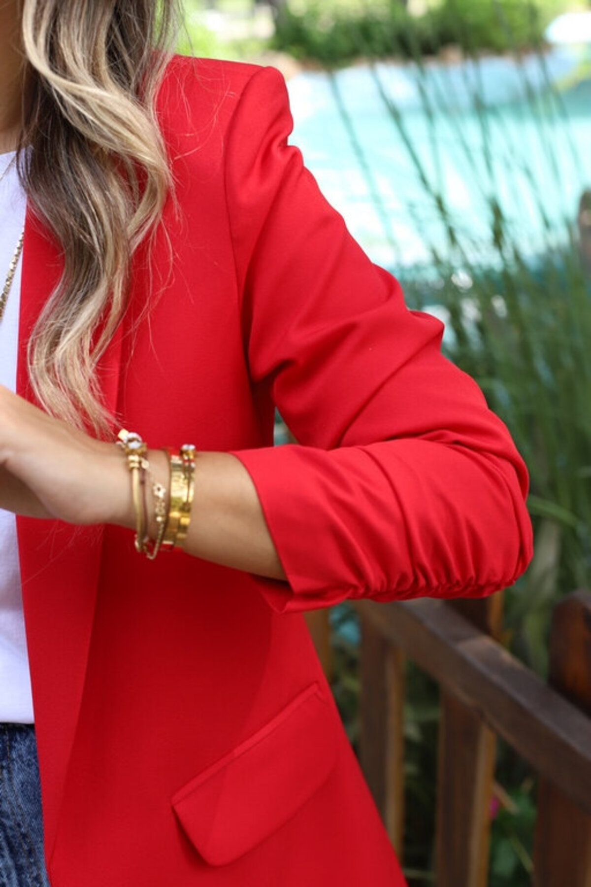 bytugcekaya  Kırmızı Kol Büzgü Detay Blazer - Görsel 3